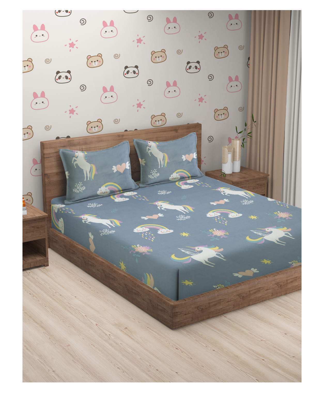 Hosta Homes 280 gsm Glaced Cotton Double Bed Sheet with 2 Pillow Covers Unicorn Print - Multicolor-image-32