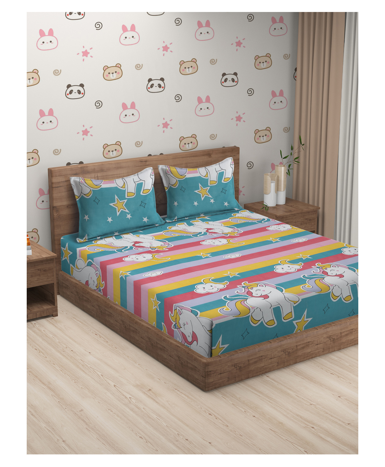 Hosta Homes 280 GSM Glaced Cotton Double Bed Sheet with 2 Pillow Covers Unicorn Print - Multicolor-picture-31