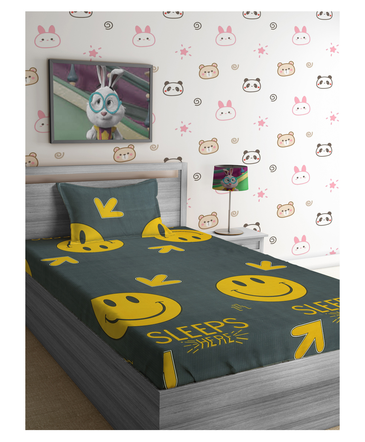 Hosta Homes 280 GSM Glaced Cotton Cartoon Printed Double Bed Sheet With 1 Pillow Cover - Grey-picture-18