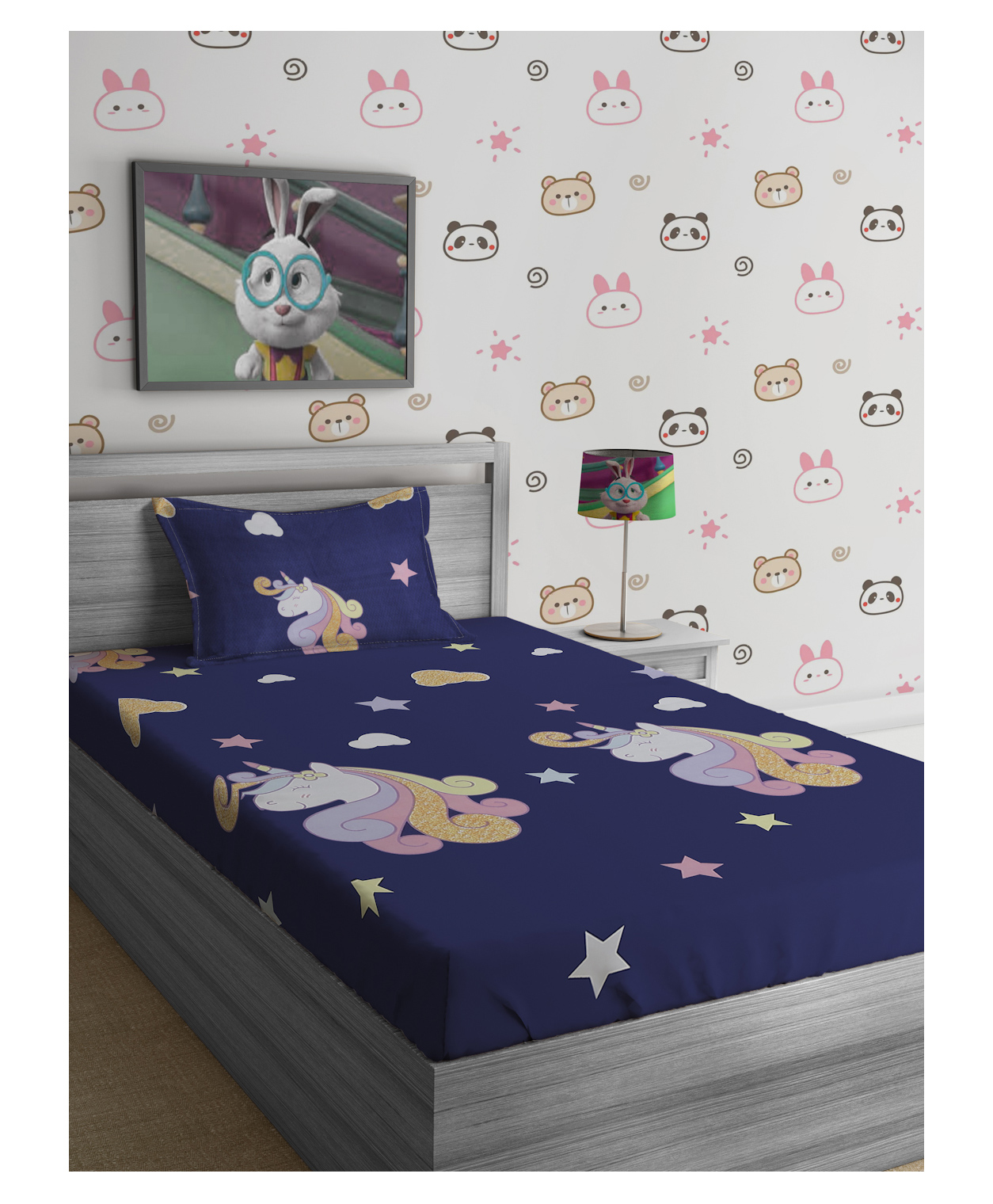 Hosta Homes 280 GSM Glaced Cotton Cartoon Printed Double Bed Sheet With 1 Pillow Cover - Blue-picture-31