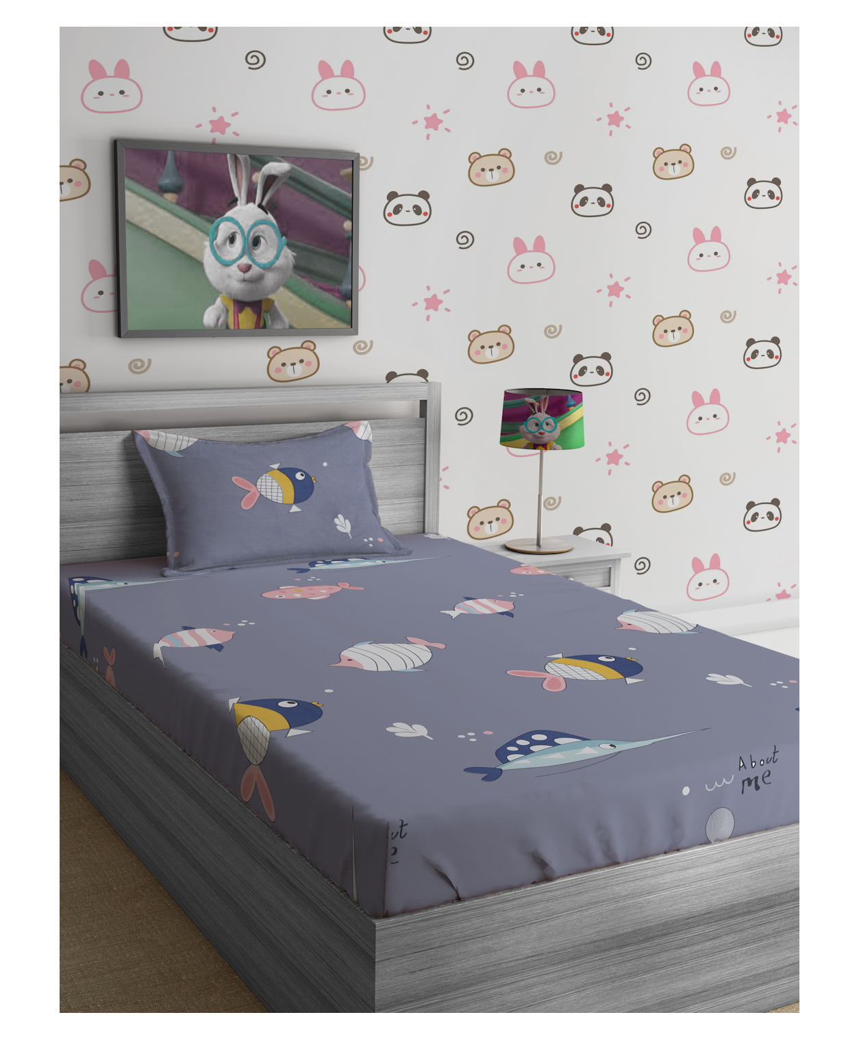 Hosta Homes 280 GSM Glaced Cotton Cartoon Printed Double Bed Sheet With 1 Pillow Cover - Grey-picture-27