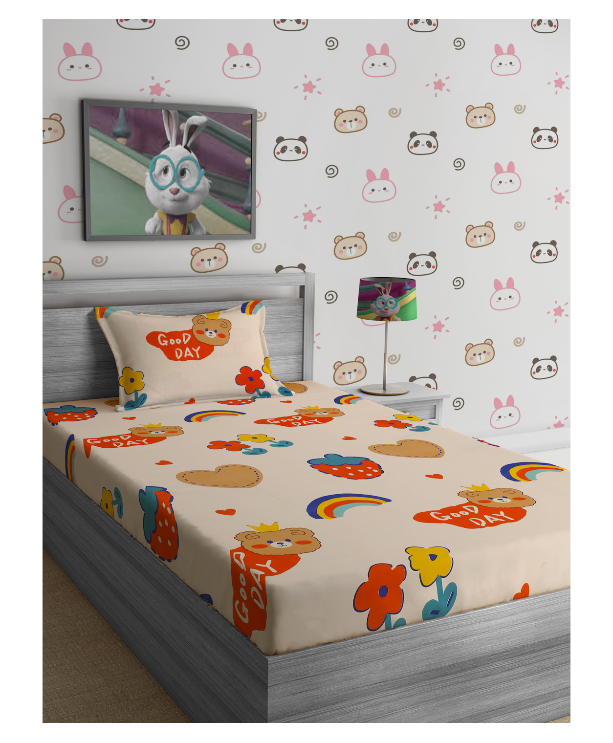 Hosta Homes 280 GSM Glaced Cotton Cartoon Printed Double Bed Sheet With 1 Pillow Cover - Beige-image-45