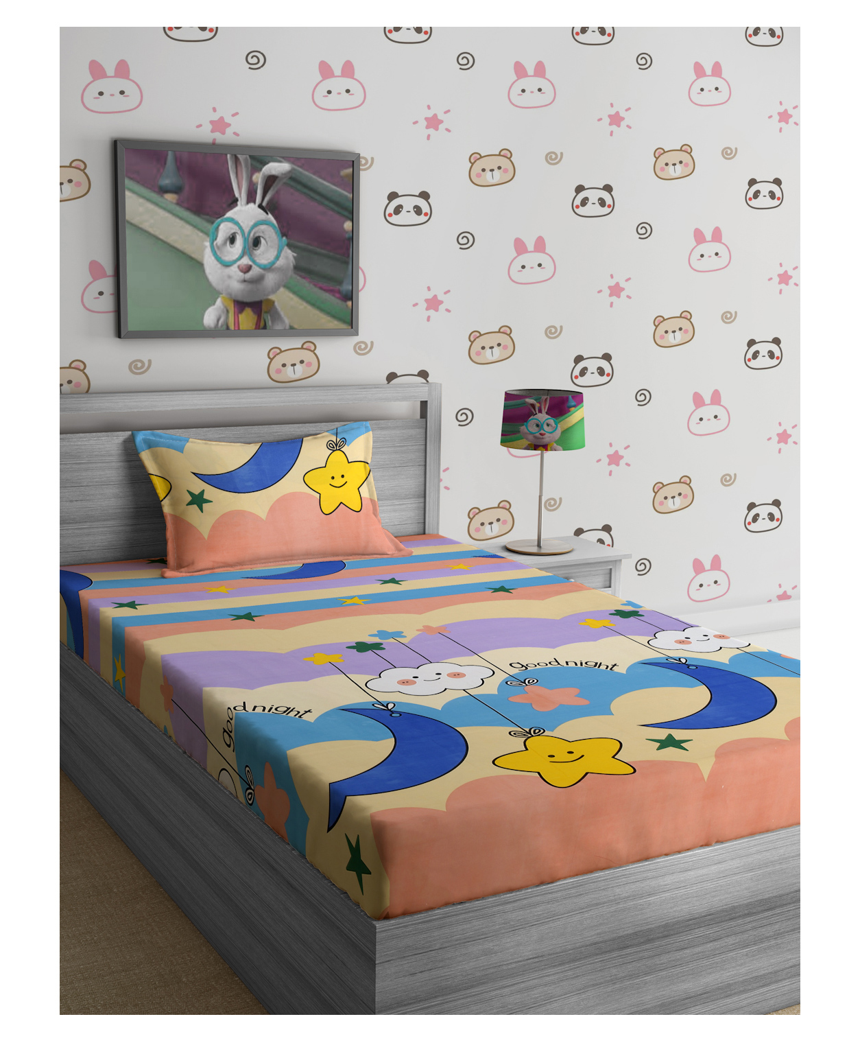 Hosta Homes 280 GSM Glaced Cotton Cartoon Printed Double Bed Sheet With 1 Pillow Cover - Multicolour-picture-15