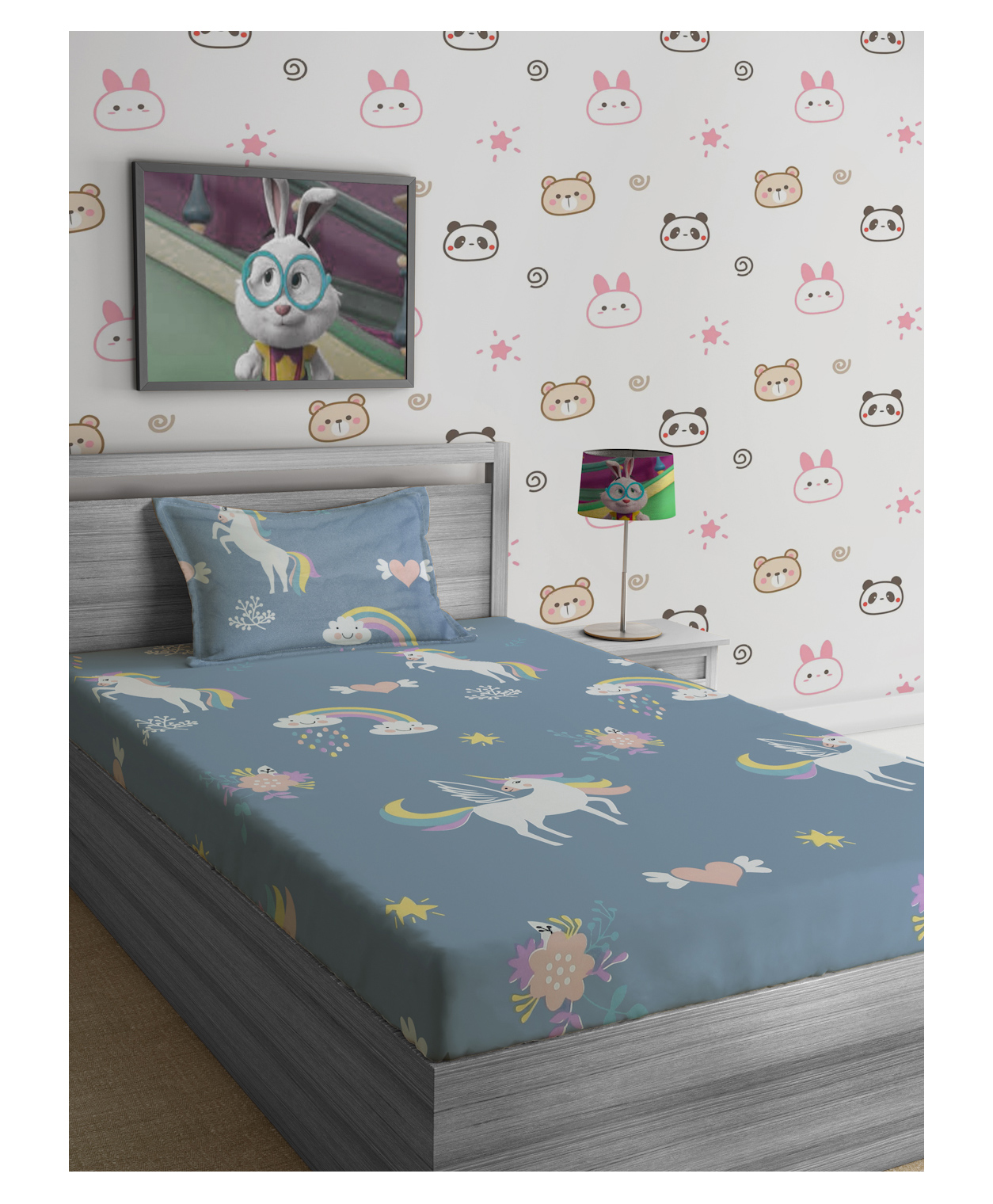 Hosta Homes 280 GSM Glaced Cotton Cartoon Printed Double Bed Sheet With 1 Pillow Cover - Grey-picture-16