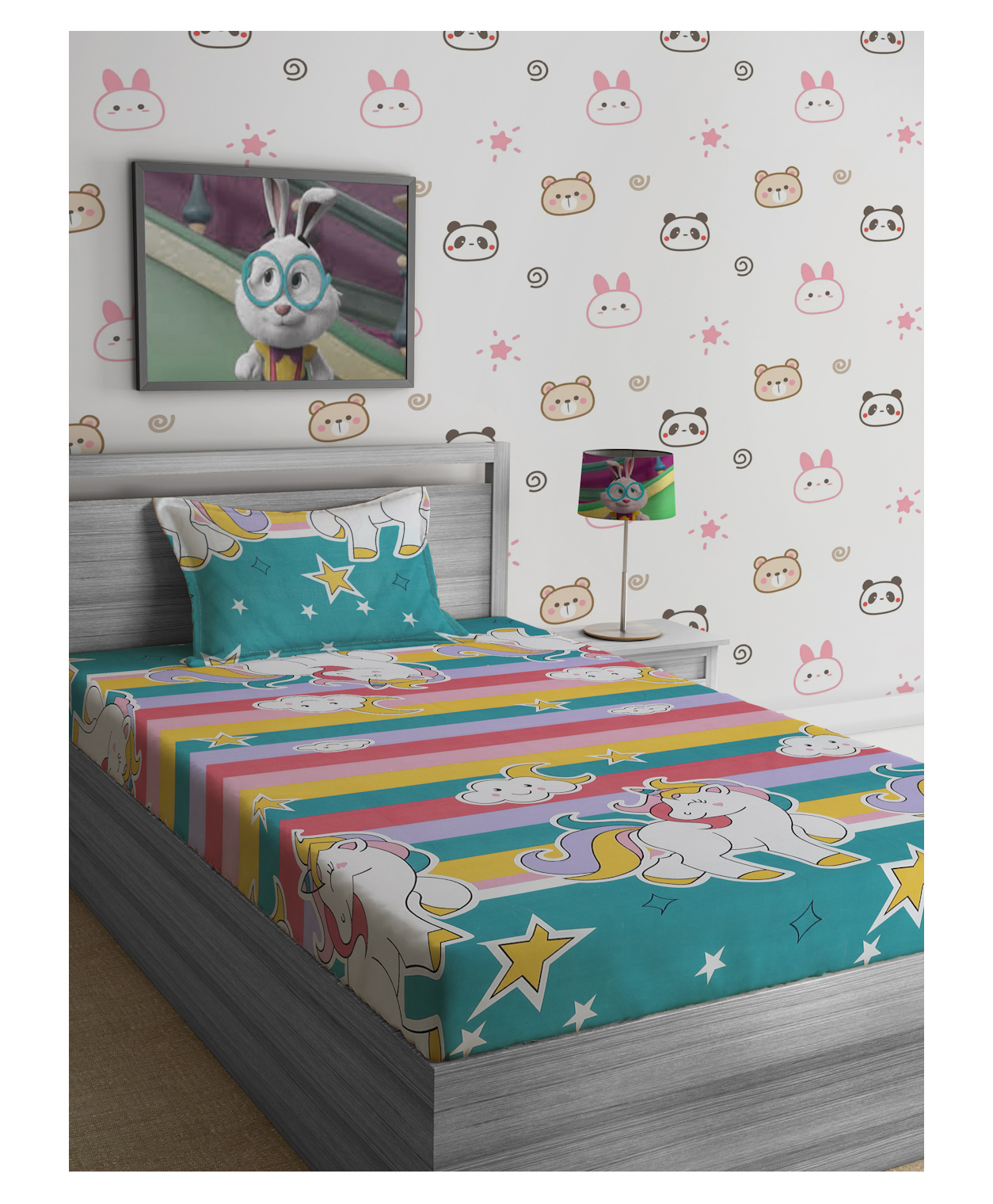 Hosta Homes 280 GSM Glaced Cotton Cartoon Printed Double Bed Sheet With 1 Pillow Cover - Multicolour-picture-17