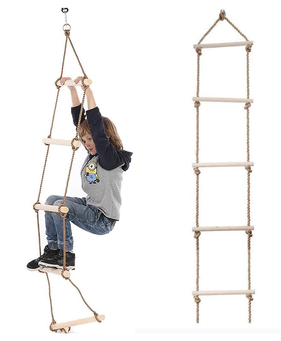 REZNOR 5 Feet Wooden Climbing Ladder Hanging Rope for Kids Indoor Outdoor Play Set-image-2