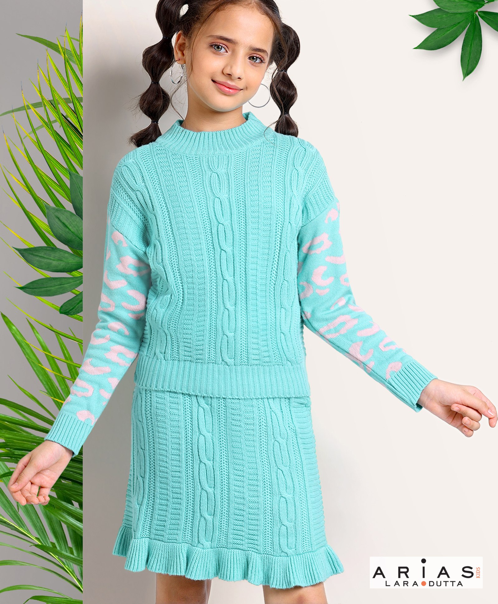 arias by lara dutta Arias Knit Full Sleeve Pullover with Animal Jacquard sleeve Print Design - Turquoise-picture-19