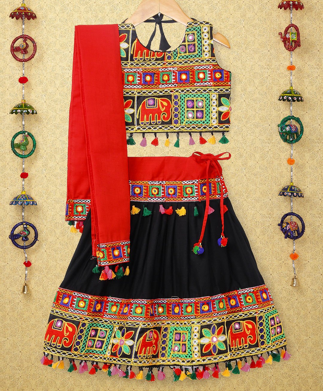 Banjara India Navratri Theme Sleeveless Kutchi Embroidered Choli & Lehenga With Dupatta - Black & Multi Color-image-29