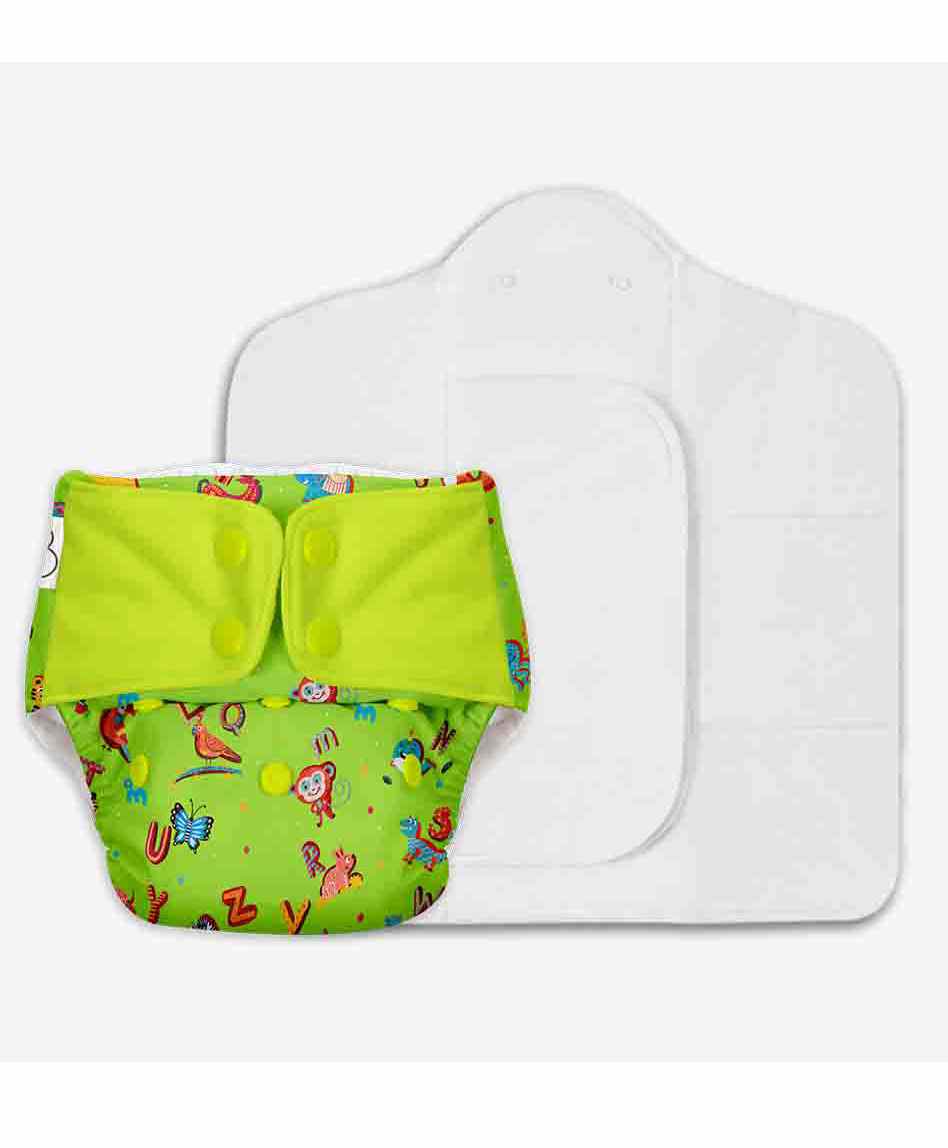 SuperBottoms FreeSize UNO Reusable Cloth Diaper with 1 Dry Feel Magic Dry Pads SetA for Animal Print - Green-image-1