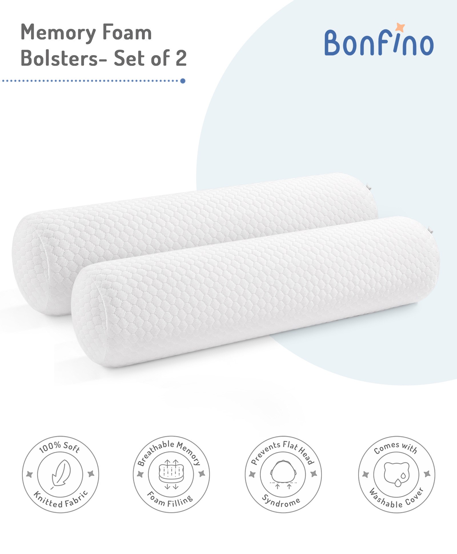 Bonfino Premium Knitted Memory Foam Bolsters Pack of 2 - White-picture-45