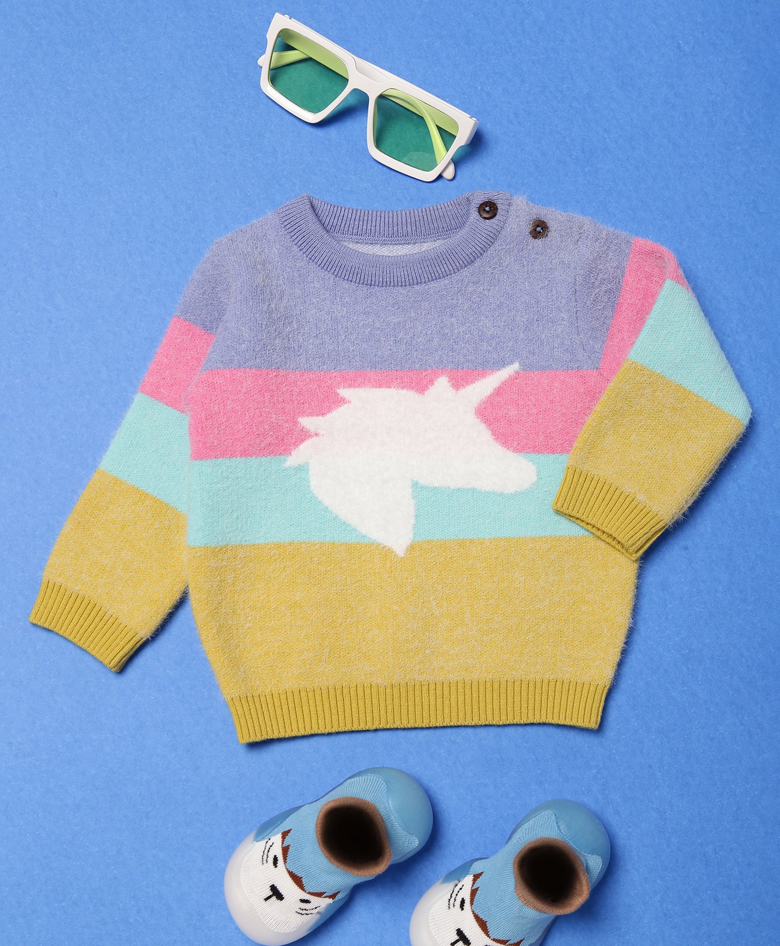 Mi Arcus Full Sleeves Rainbow Colour Blocked Unicorn Printed Sweater- Multi Colour-image-35