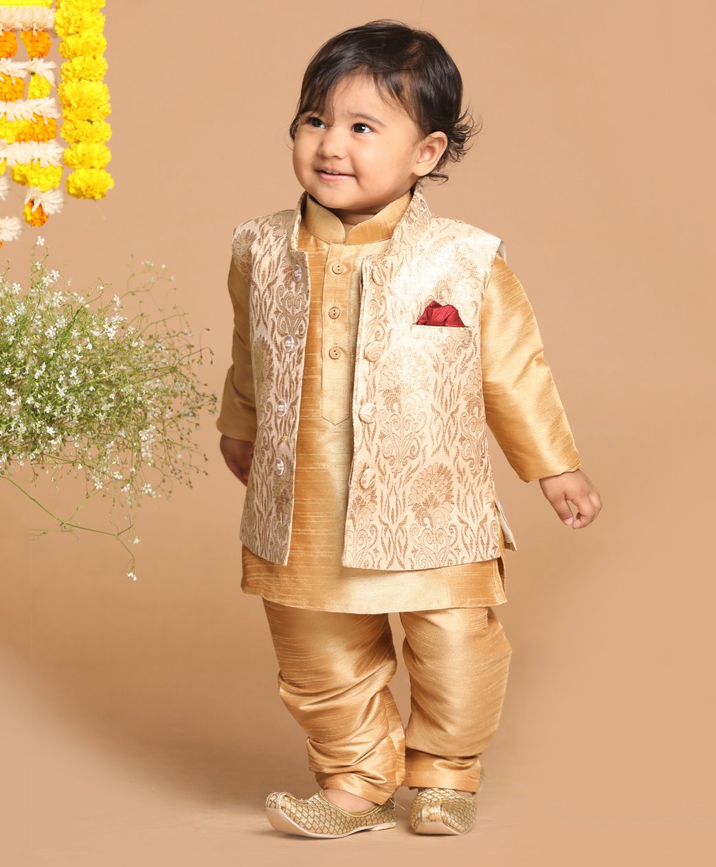 Vastramay Full Sleeves Silk Blend Solid Kurta & Pajama With Embroidered Jacket - Rose Gold-image-2