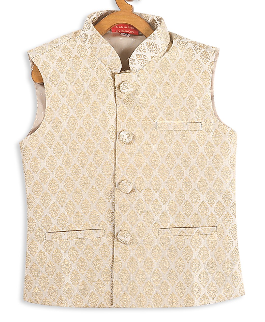 Vastramay Sleeveless Silk Blend Embellished Nehru Jacket - Cream & Zari Gold-image-6