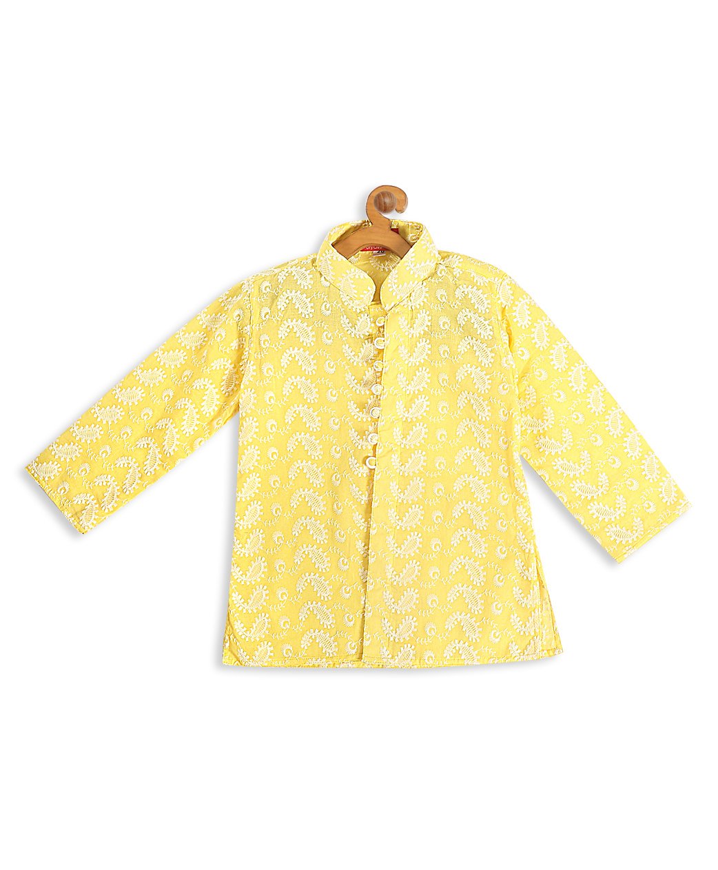 Vastramay Full Sleeves All Over Chikankari Paisley Embroidered Pure Cotton Kurta - Mustard Yellow-image-6