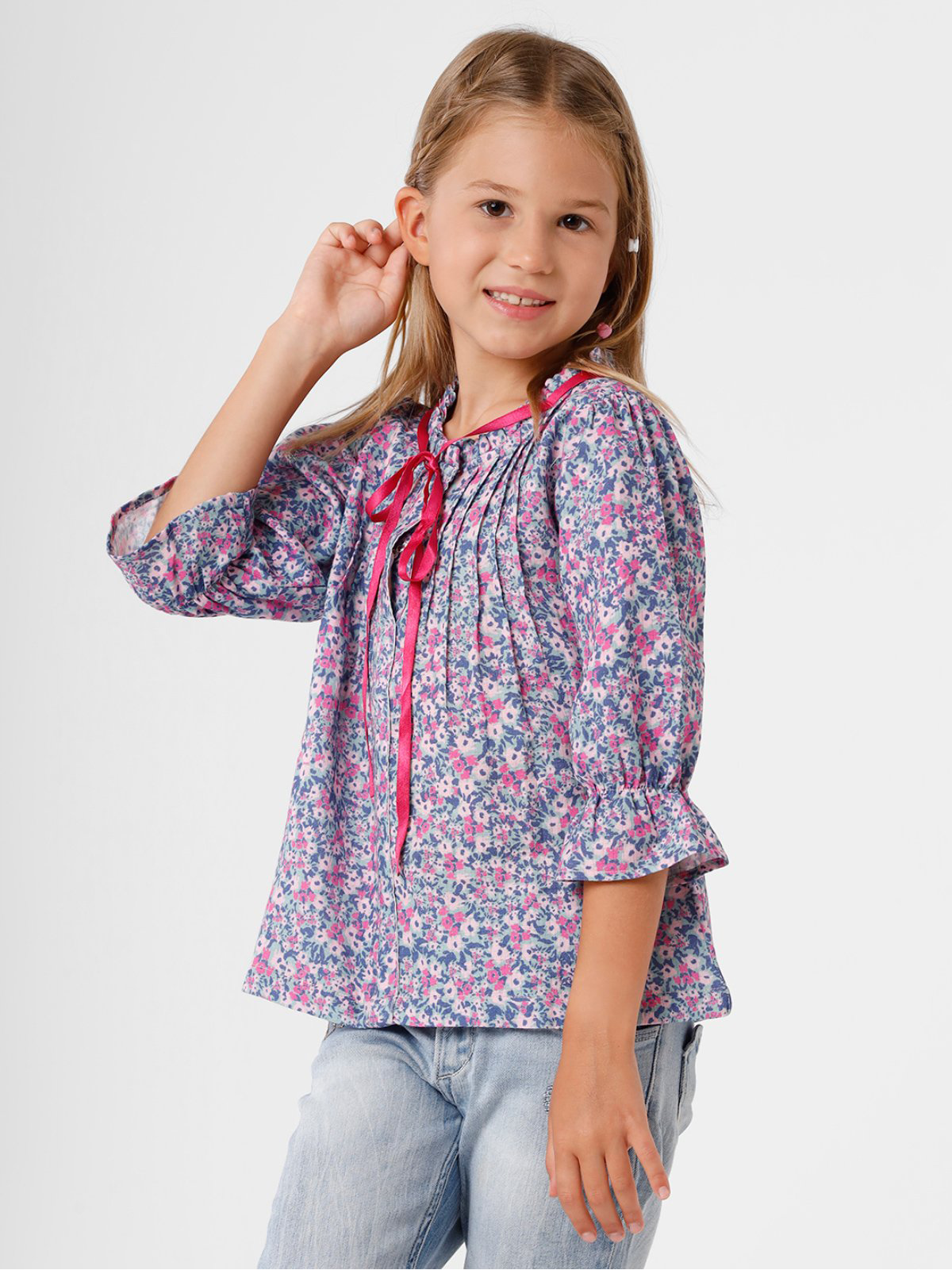 Kate & Oscar Three Fourth Puffed Sleeves Floral Printed & Pleated Top - Blue-picture-22