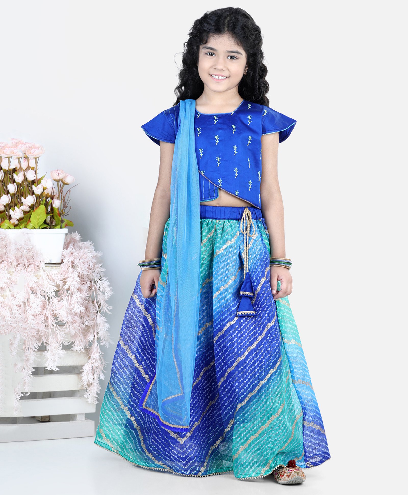 Kinder Kids Cap Sleeves Embroidered Top Lehriya Kota Lehenga  And Dupatta  - Blue-image-41