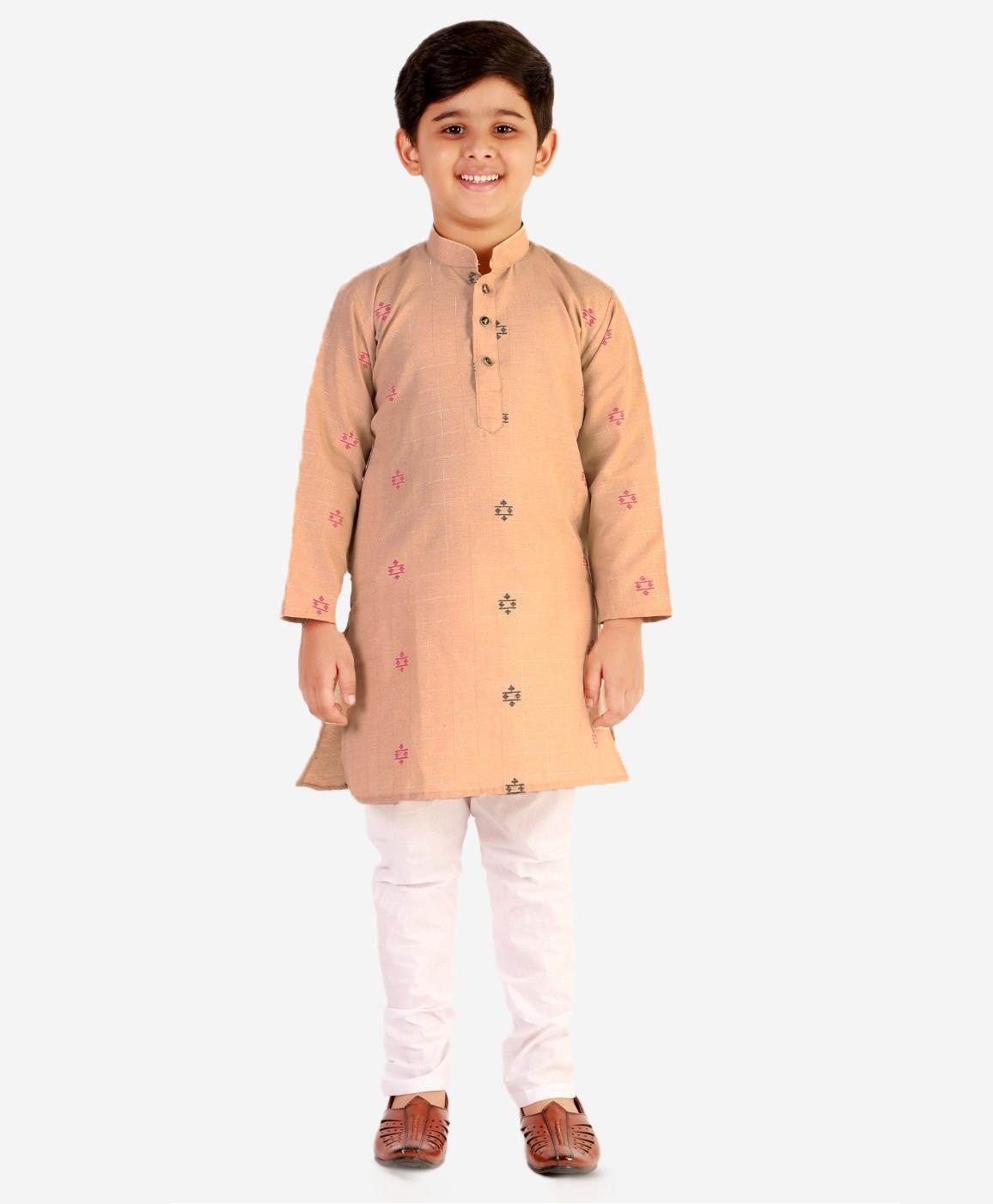 P-MARK Full Sleeves Self Design And Foil Checkered Kurta With Pyjama  - Beige-picture-14