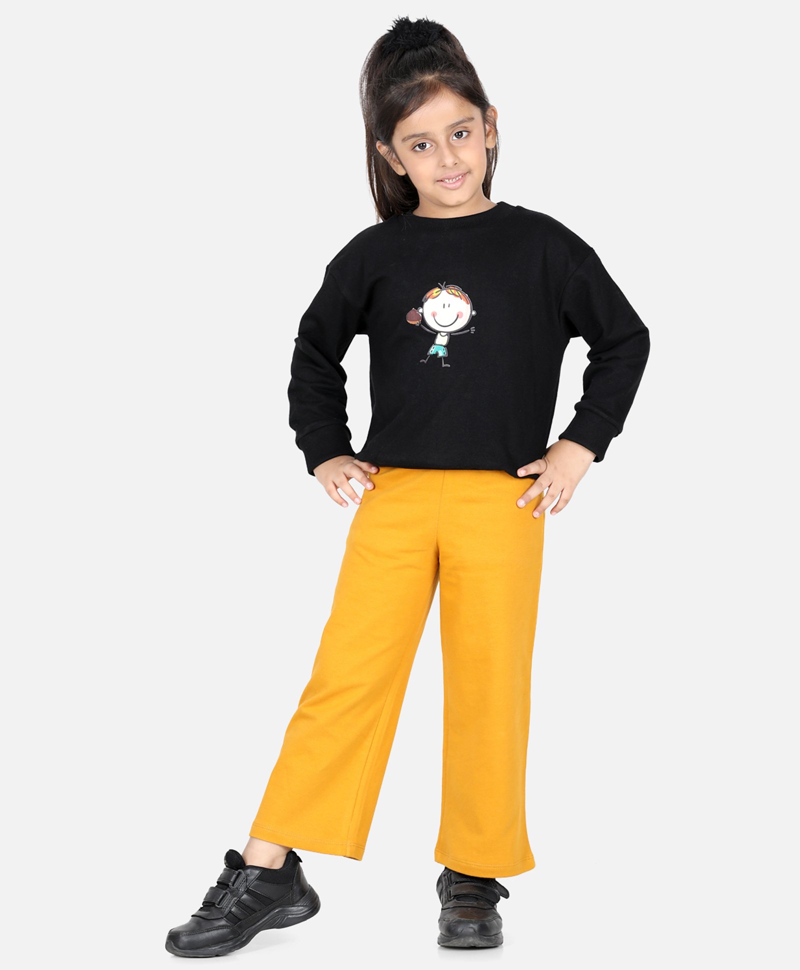 Aww Hunnie Full Sleeves Doll Placement Printed Top & Pajama Set - Black & Mustard Yellow-picture-14