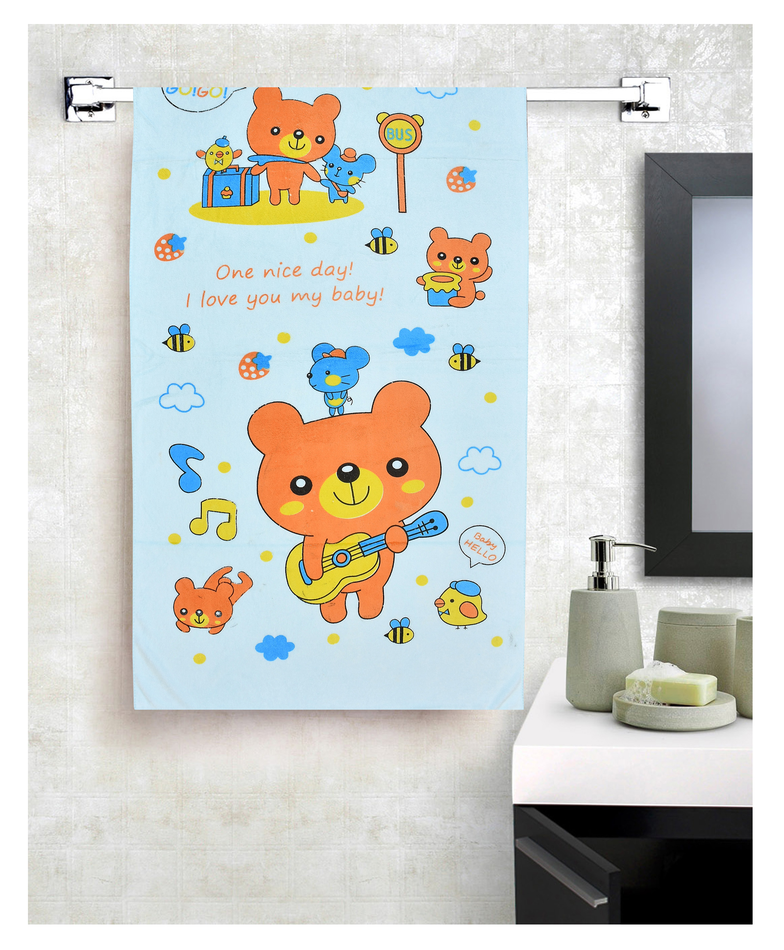 Jars Collections 100% Microfiber Towels Cartoon Animal Birthday Party Teddy Print  - Blue-image-49