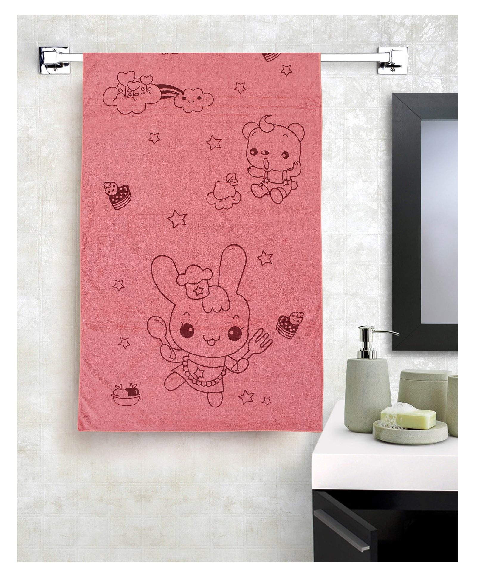 Jars Collections 100% Microfiber Towels Cartoon Bunny Print  - Red-image-35
