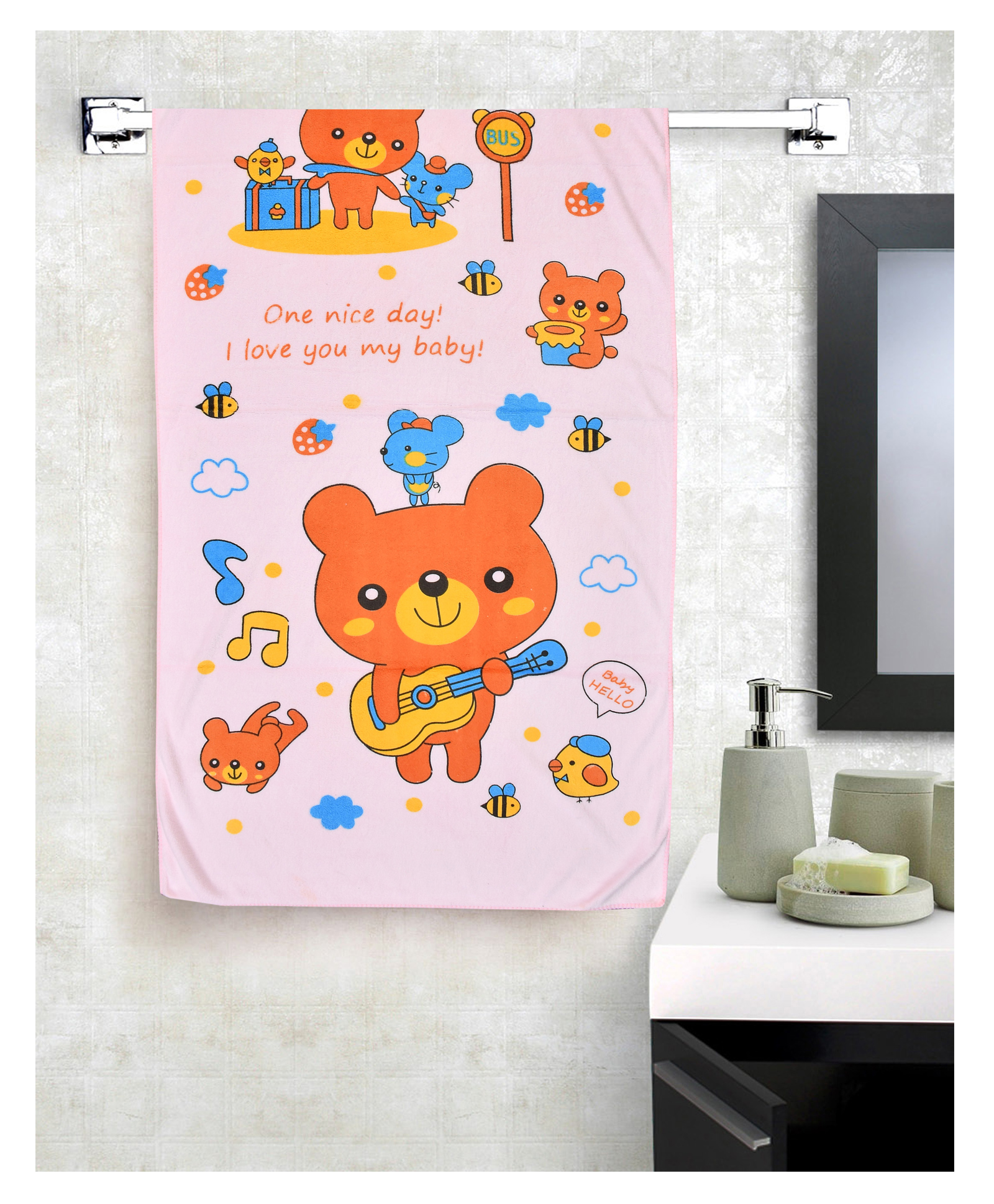 Jars Collections 100% Microfiber Towels Cartoon Animal Birthday Party Teddy Print   - Pink-image-19