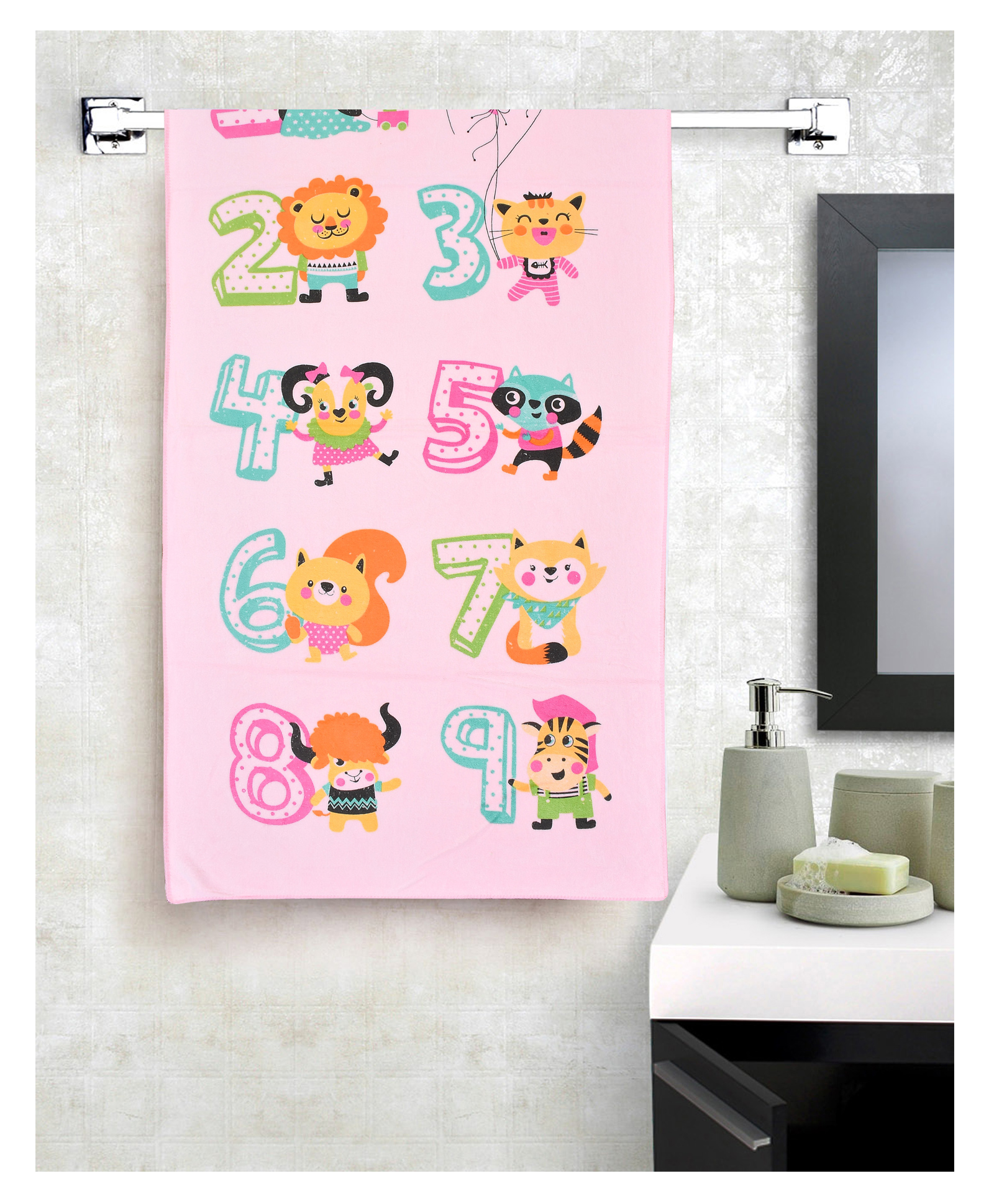 JARS Collections 100% Microfiber Towels Cartoon Animal Birthday Party Number Print  - Pink-picture-27