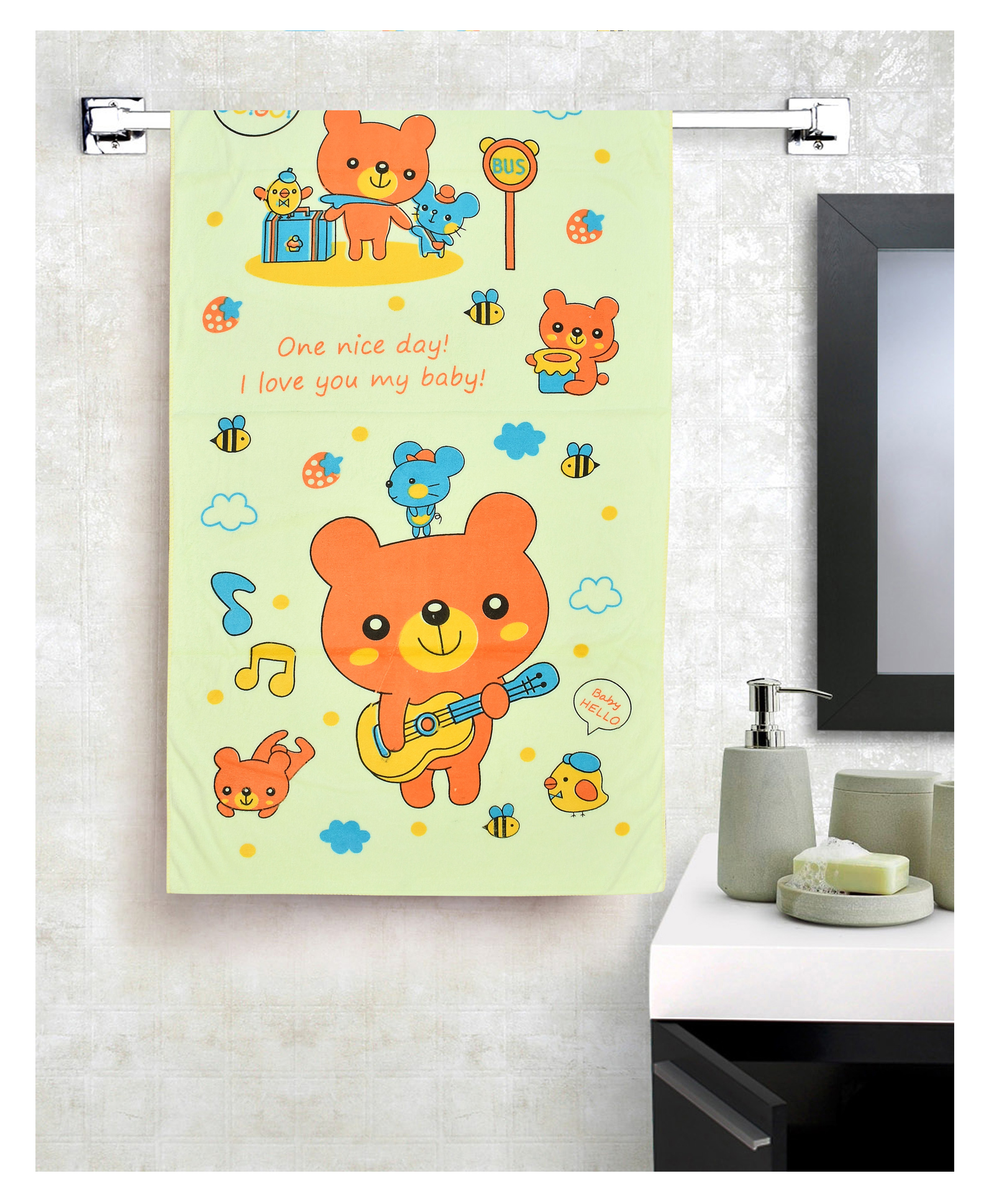 Jars Collections 100% Microfiber Towels Cartoon Animal Birthday Party Teddy Print  - Green-image-16