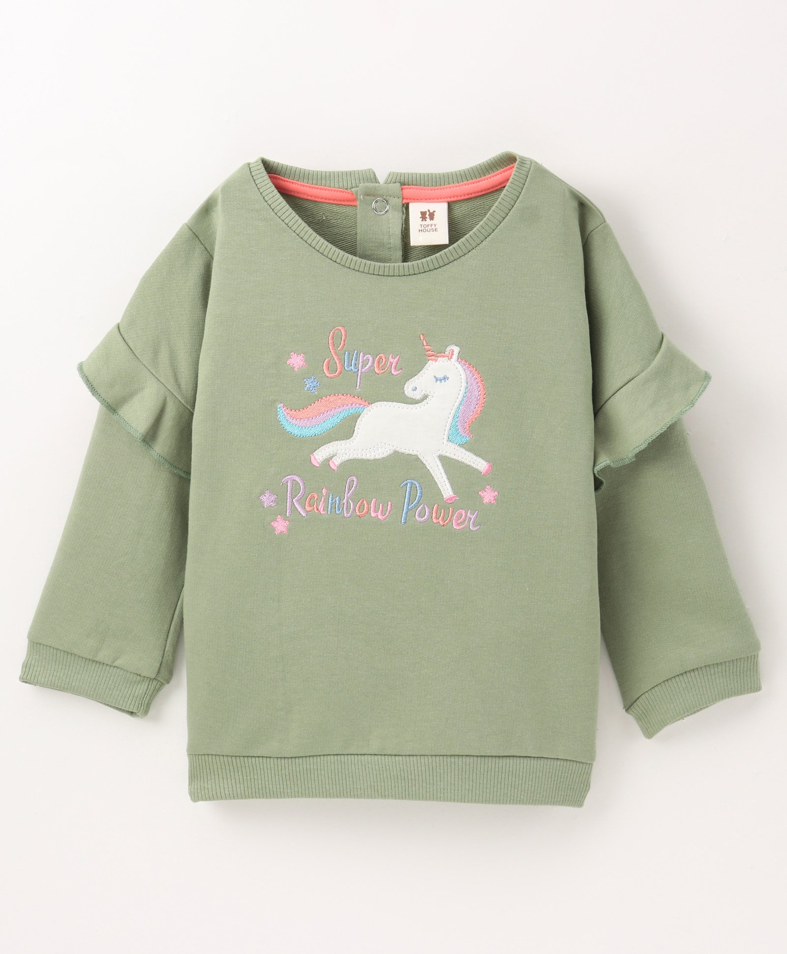 ToffyHouse Full Sleeves Fleece Light Winter Top Unicorn Print - Olive-image-4