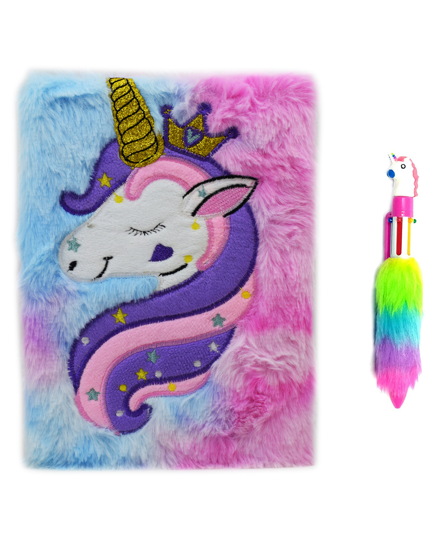 Asera Unicorn Theme Fur Plush Diary With Feather Pen - Multicolor-picture-36