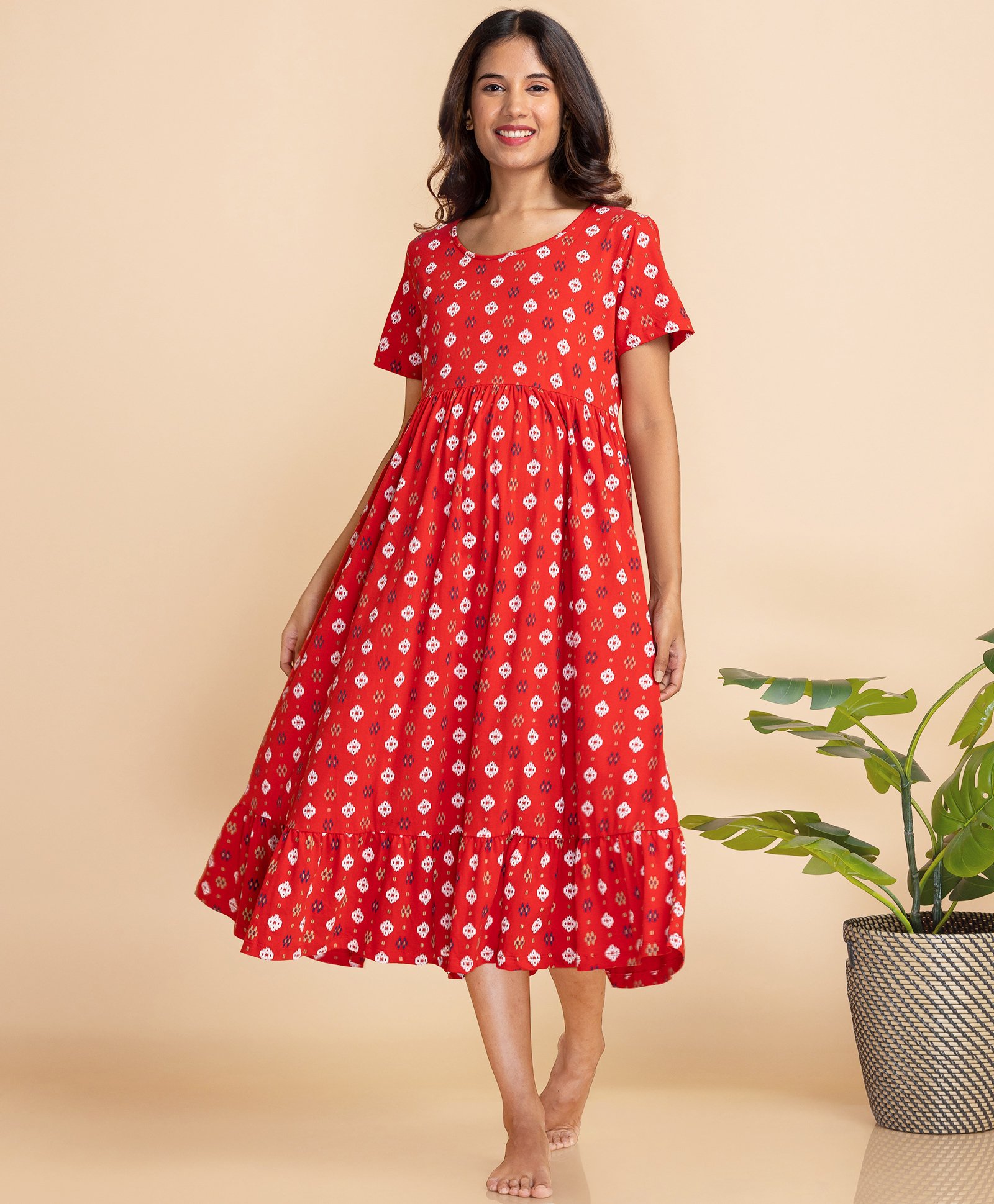 Bella Mama Short Sleeves Maternity Dress Geometric Print - Red-image-20