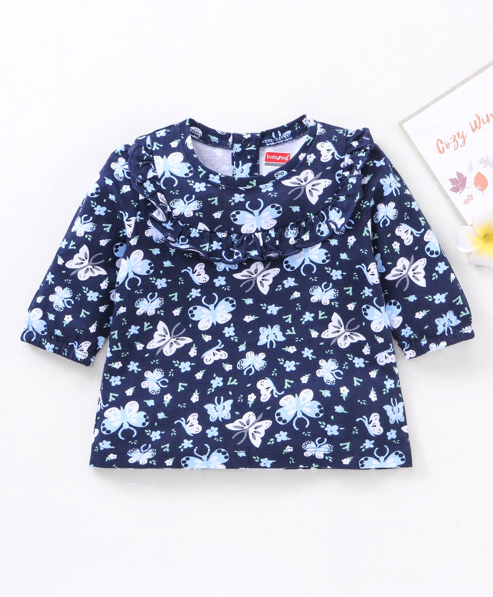 Babyhug Three Fourth Peasent Sleeves T-Shirt  With Butterfly Print - Navy Blue-image-49