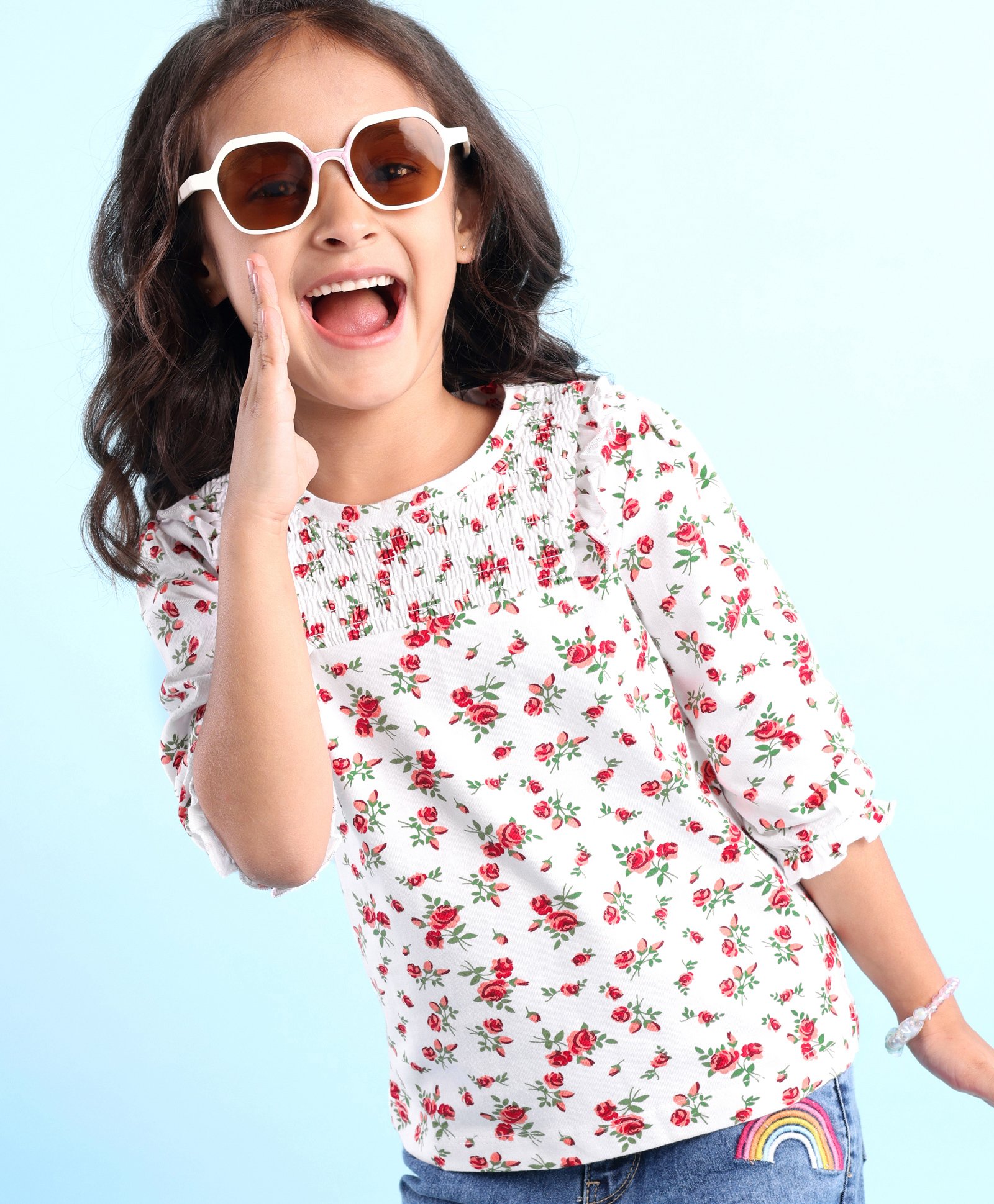 Babyhug Three Fourth Sleeves Top with Smocking and Frill Detailing & Floral Print - White-image-27