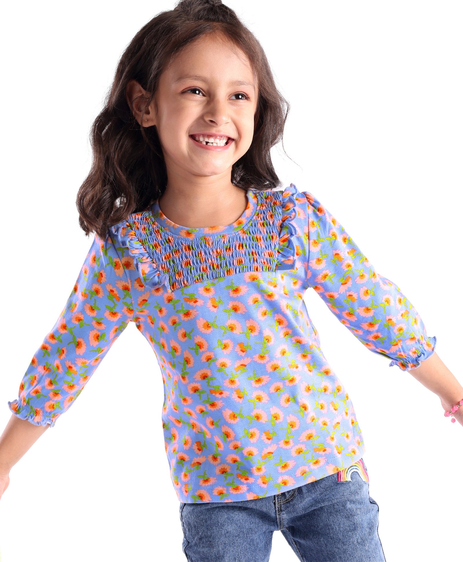 Babyhug Three Fourth Sleeves Top with Smocking and Frill Detailing & Floral Print - Blue-image-49