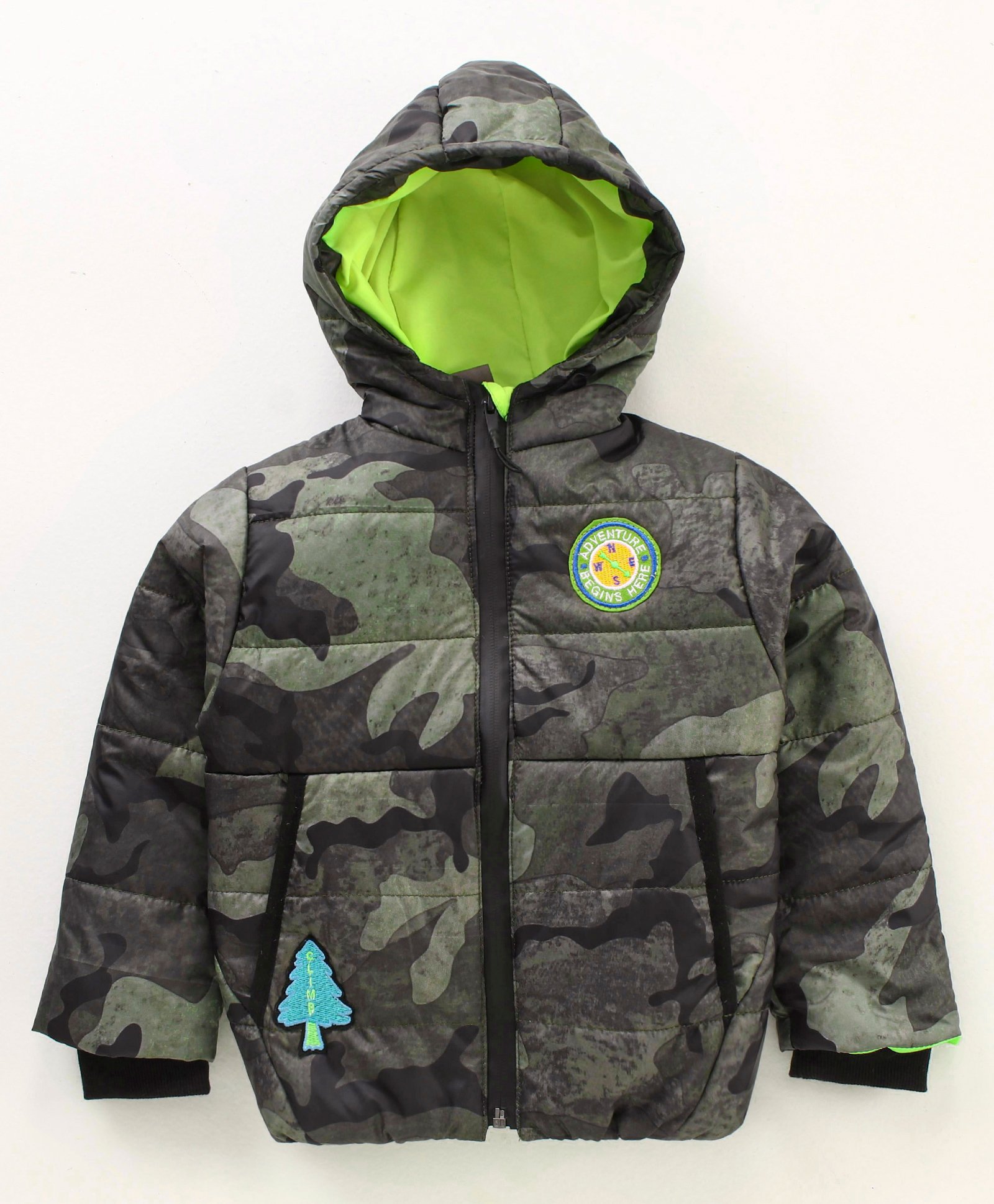 Little Kangaroos Hooded Neck Full Sleeves Padded Jacket Camouflage Print - Green & Black-image-36