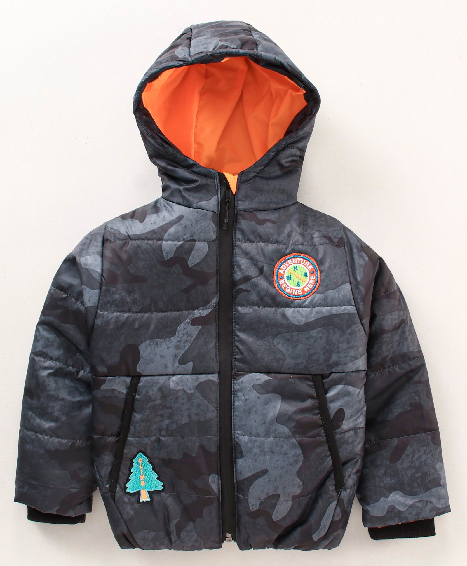 Little Kangaroos Hooded Neck Full Sleeves Padded Jacket Camouflage Print - Orange & Black-image-38