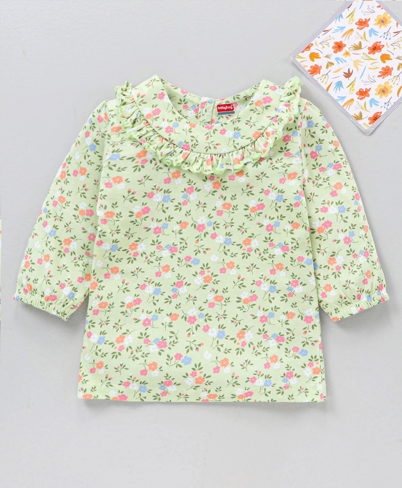 Babyhug Three Fourth Peasant Sleeves With Frill Detailing Floral Print Top - Green-picture-15