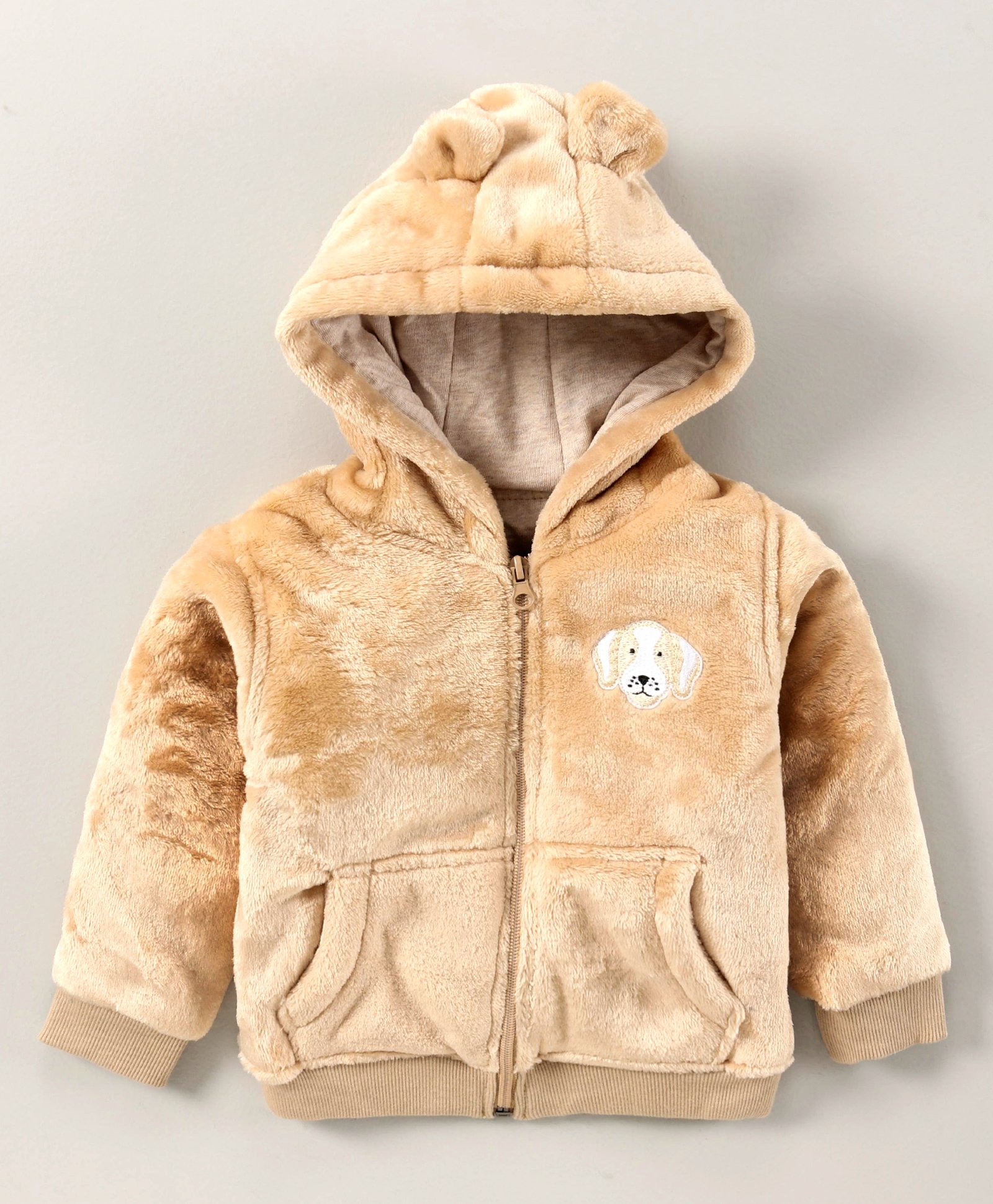 Little Kangaroos Full Sleeves Fur Jacket Puppy Patch - Beige-picture-24
