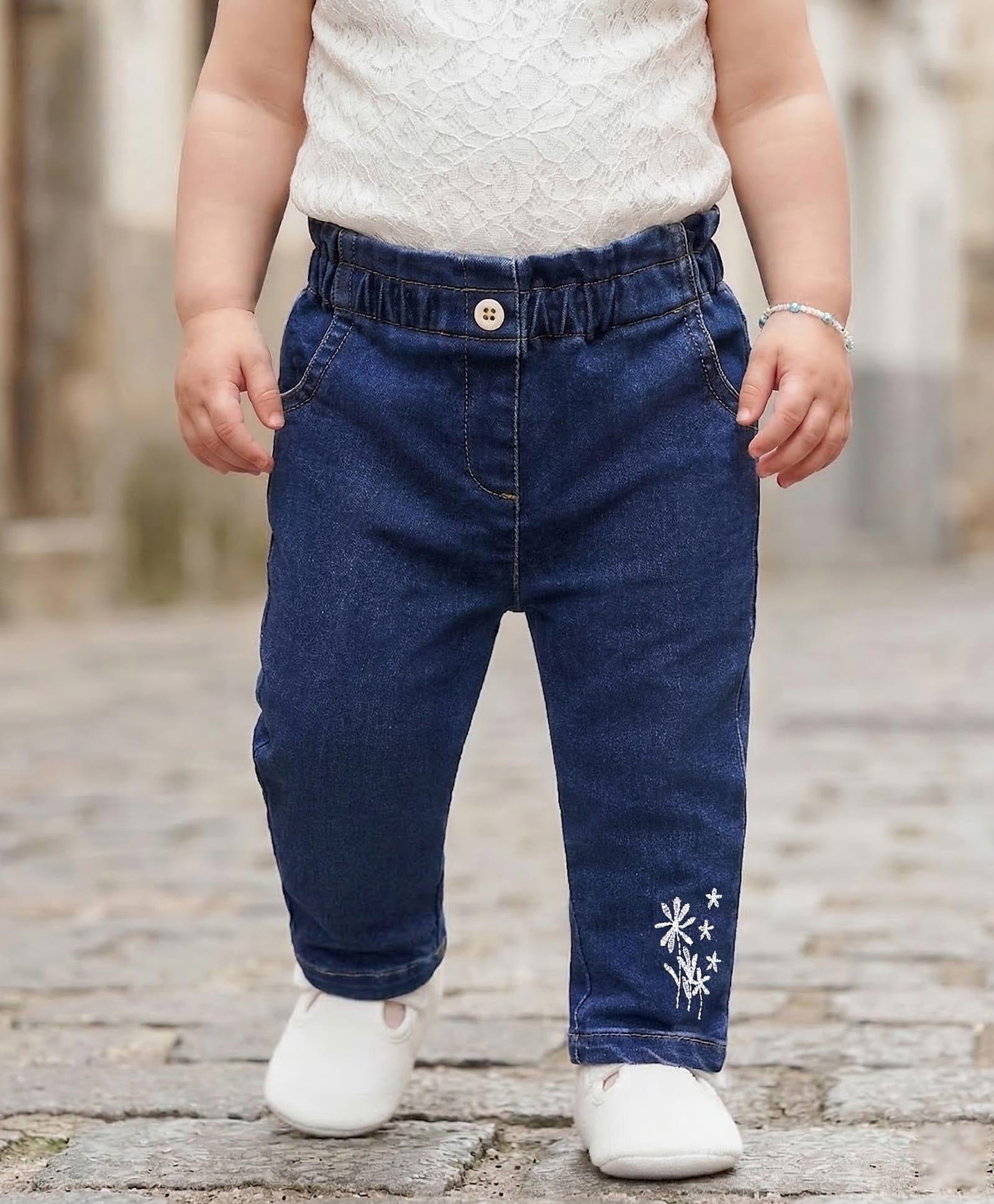 Babyoye Cotton Full Length Denim Jeans Floral Embroidery - Blue-picture-26