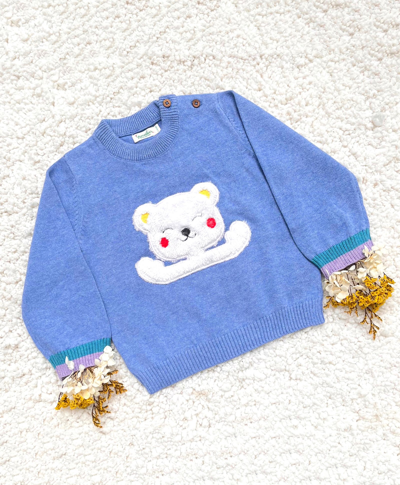 kids of greendeer Greendeer 100% Cotton Full Sleeves Bear Detail Sweater - Blue-picture-29