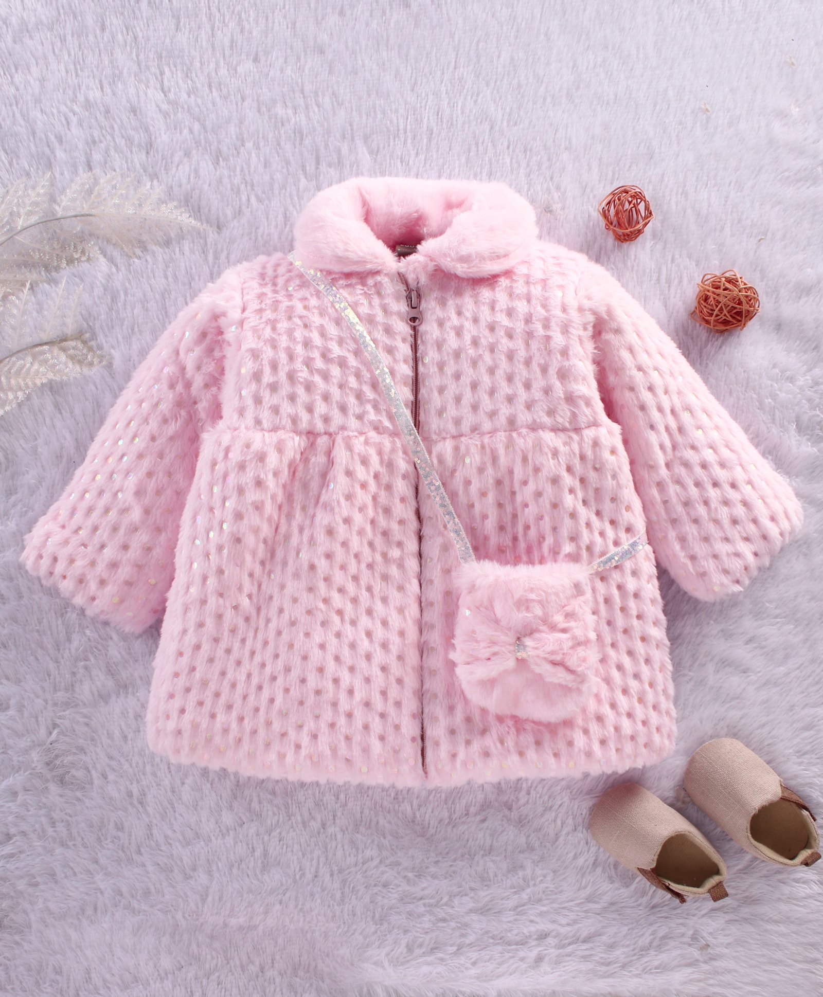 Little Kangaroos Full Sleeves Fur Jacket With Matching Purse Foil Print - Pink-image-35