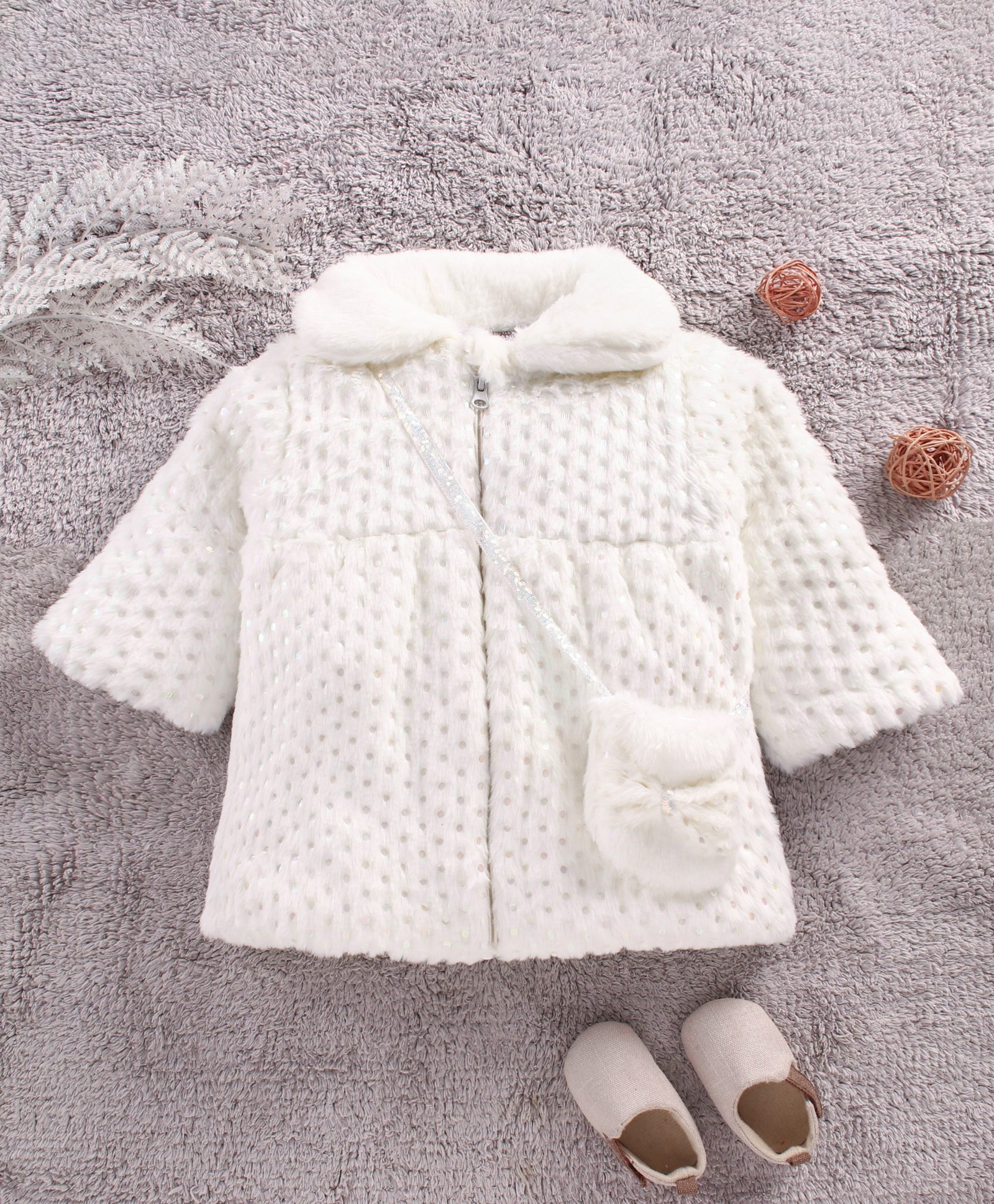 Little Kangaroos Full Sleeves Fur Jacket With Matching Purse Foil Print - Off White-image-19