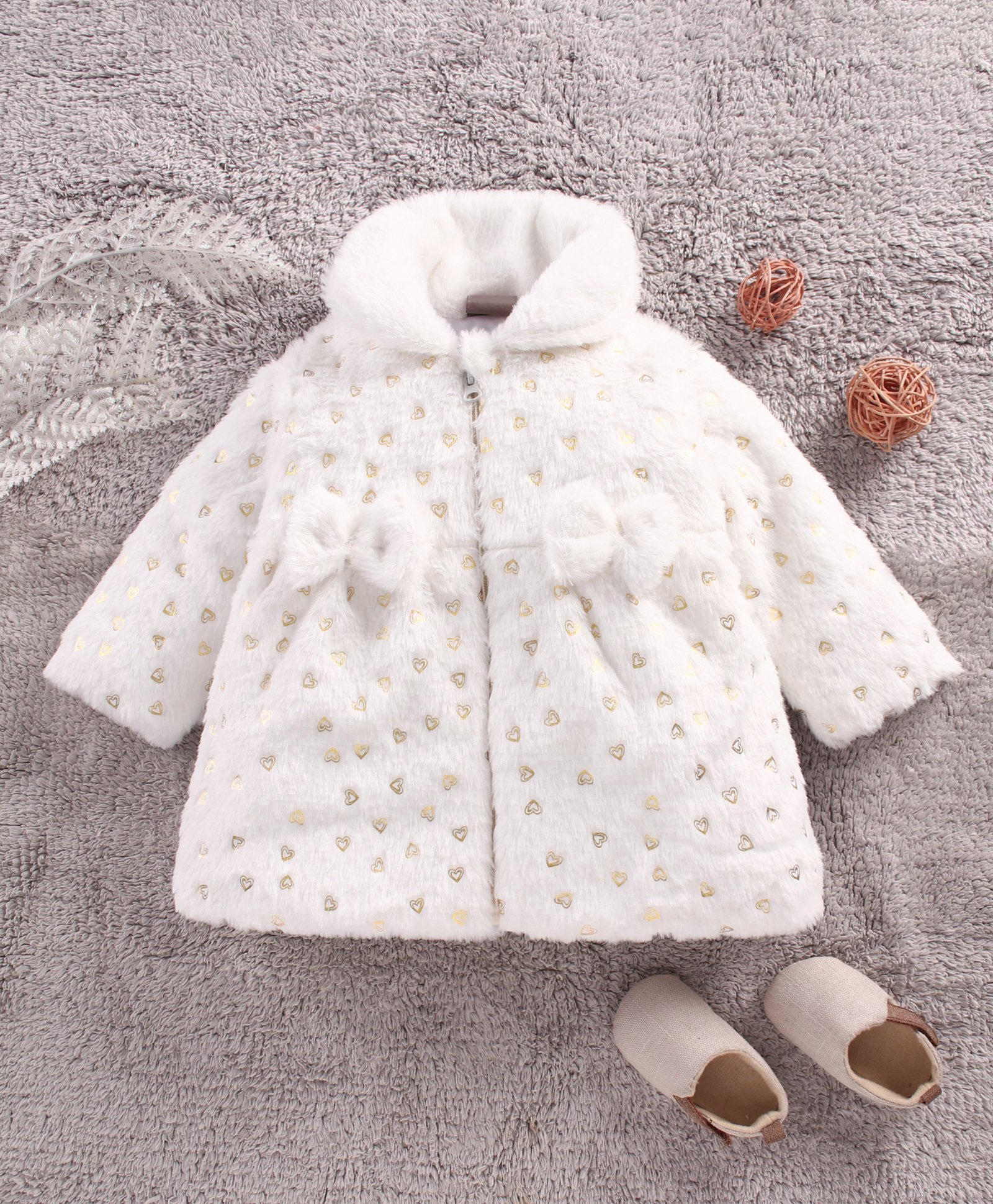 Little Kangaroos Full Sleeves Fur Jacket Heart Design & Bow Applique - Off White-image-30