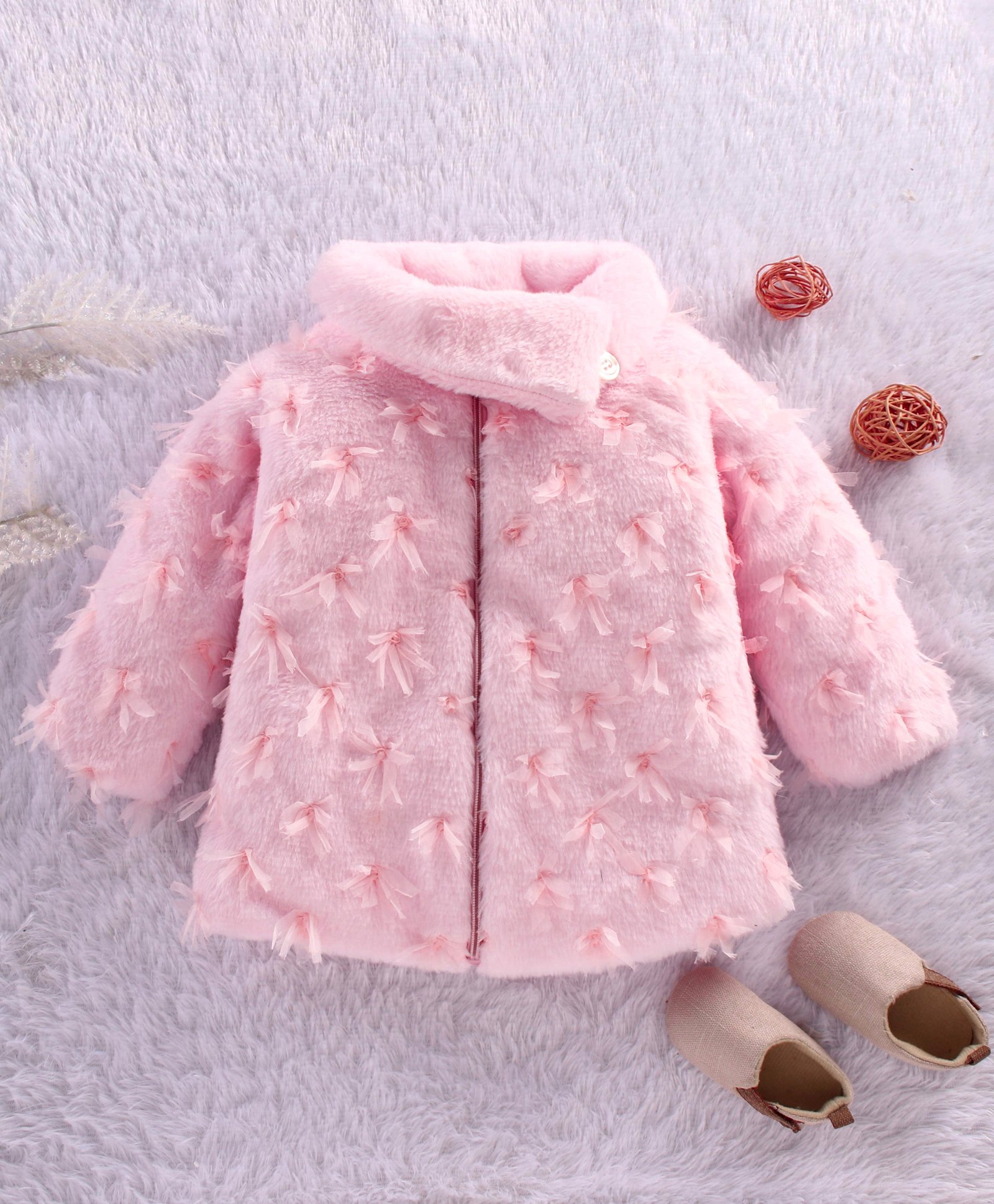 Little Kangaroos Full Sleeves Fur Jacket Floral Applique - Pink-picture-23