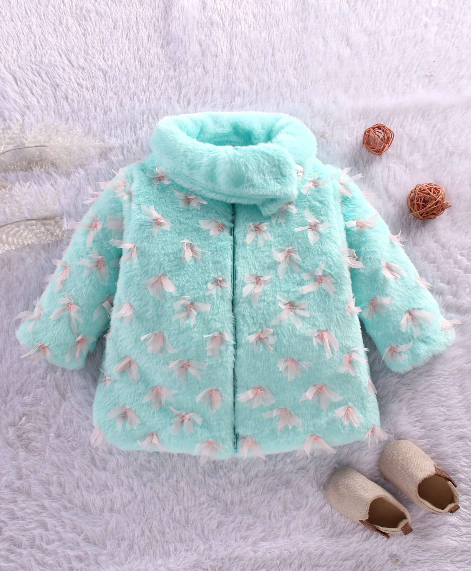 Little Kangaroos Full Sleeves Fur Jacket Floral Applique - Blue-image-27