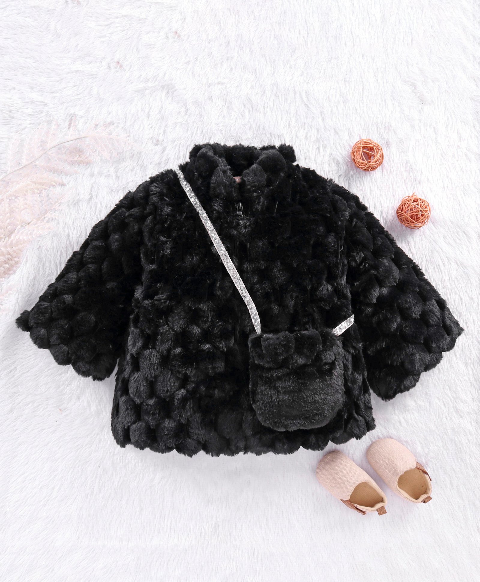 Little Kangaroos Full Sleeves Fur Jacket With Matching Purse Solid - Black-image-24