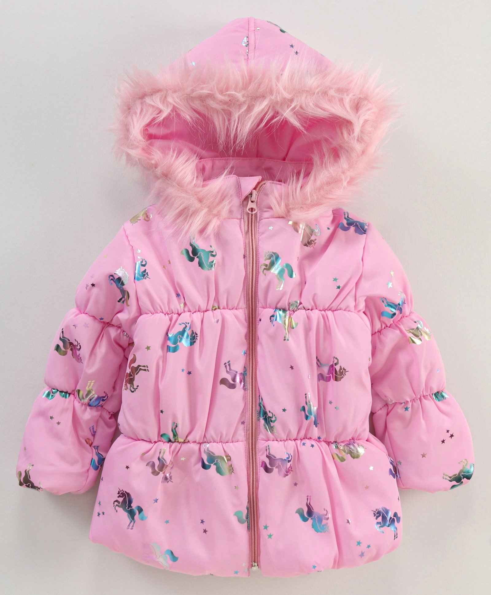 Little Kangaroos Full Sleeves Hooded Quilted Jacket Unicorn Print - Pink-image-29