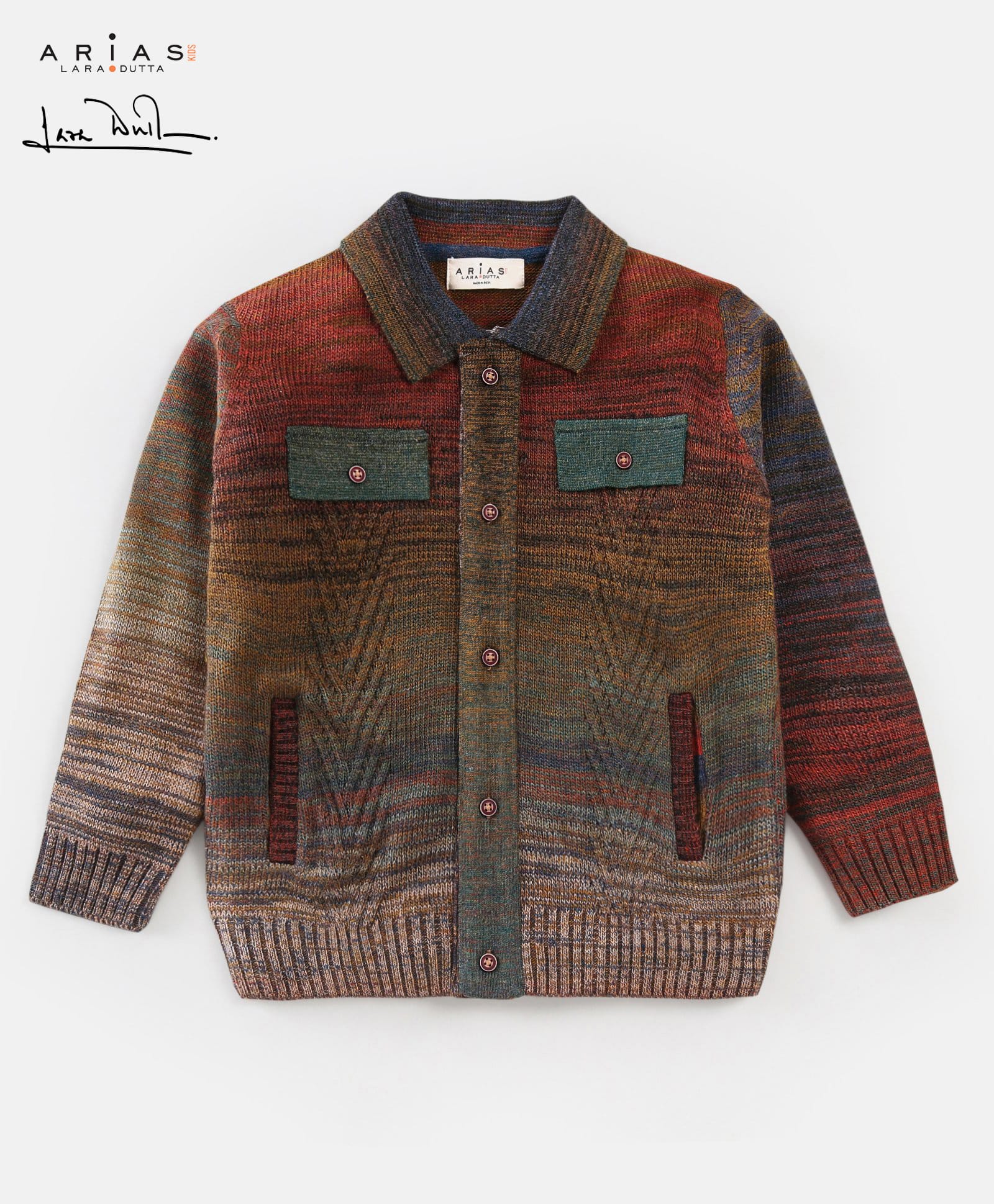 Arias Acrylic Knit Full Sleeve Color Gradient Front Open Sweater with Buttons - Red & Brown-image-19