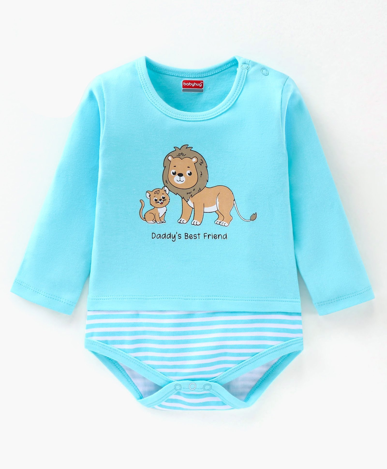 Babyhug 100% Cotton Full Sleeves Onesie Stripes & Lion Print- Blue-image-27
