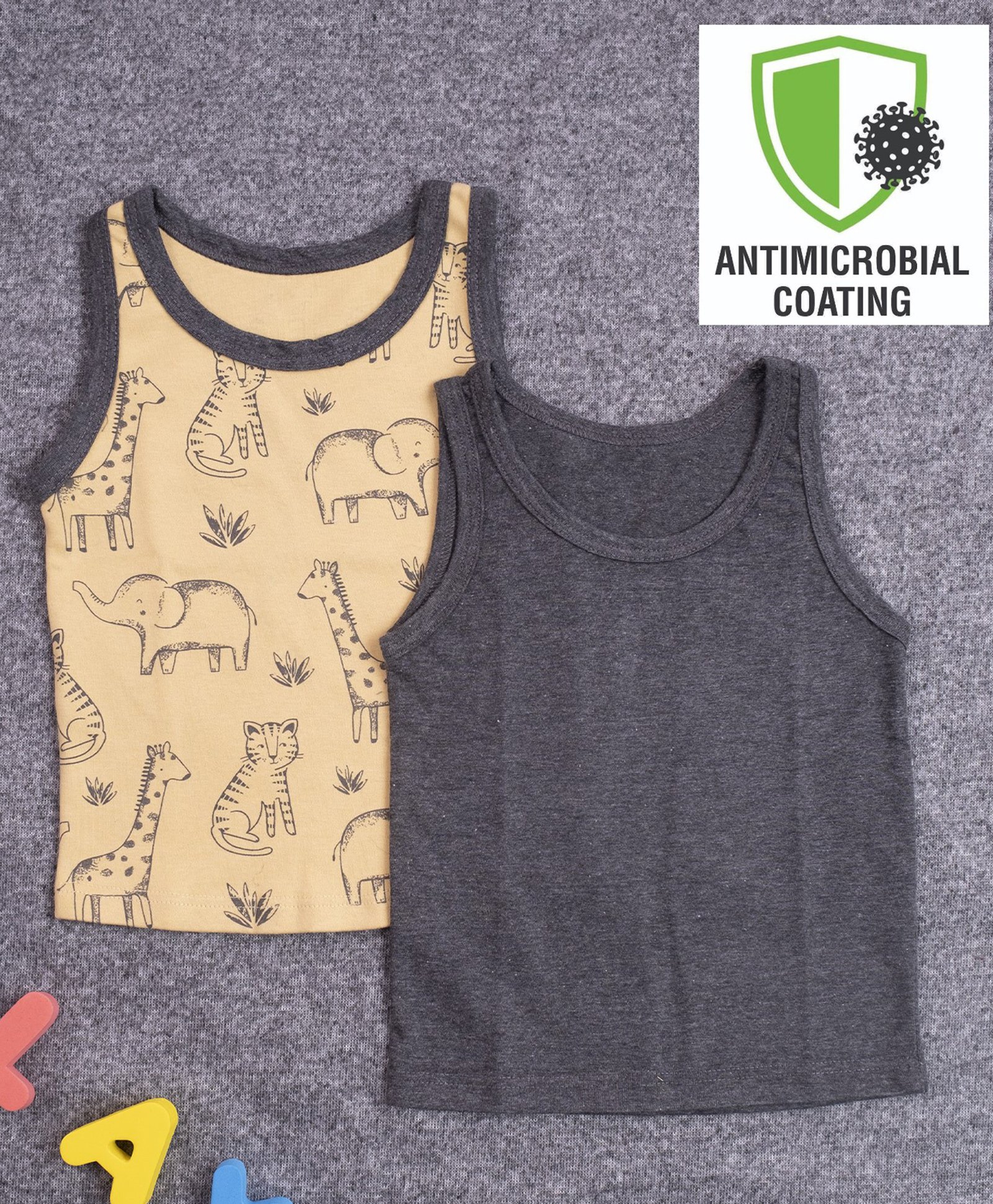 COCOON ORGANICS Pack Of 2 Sleeveless Animal Farm Printed Vests - Beige & Anthracite Melange-image-15