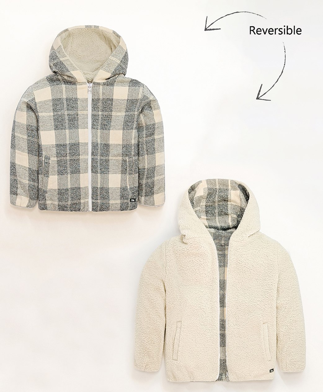 Cherry Crumble By Nitt Hyman Full Sleeves Checkered & Faux Fur Detailing Reversible Hooded Jacket - Cream & Black-image-4